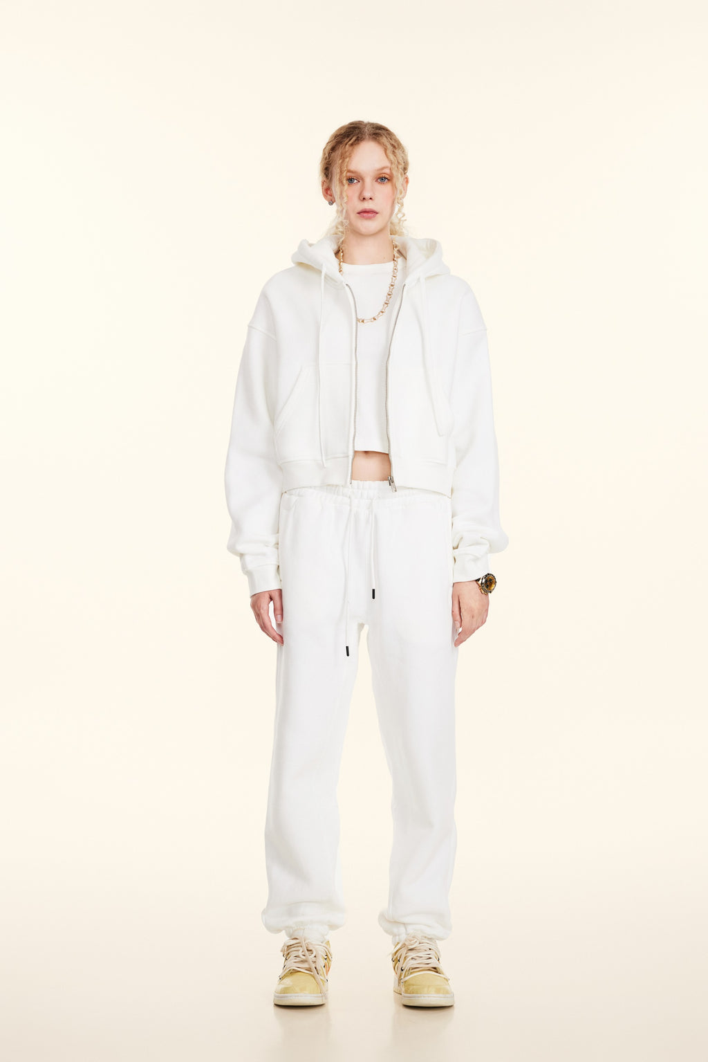345GSM Women’s Cropped Fleece-Lined Zip-Up Hoodie White