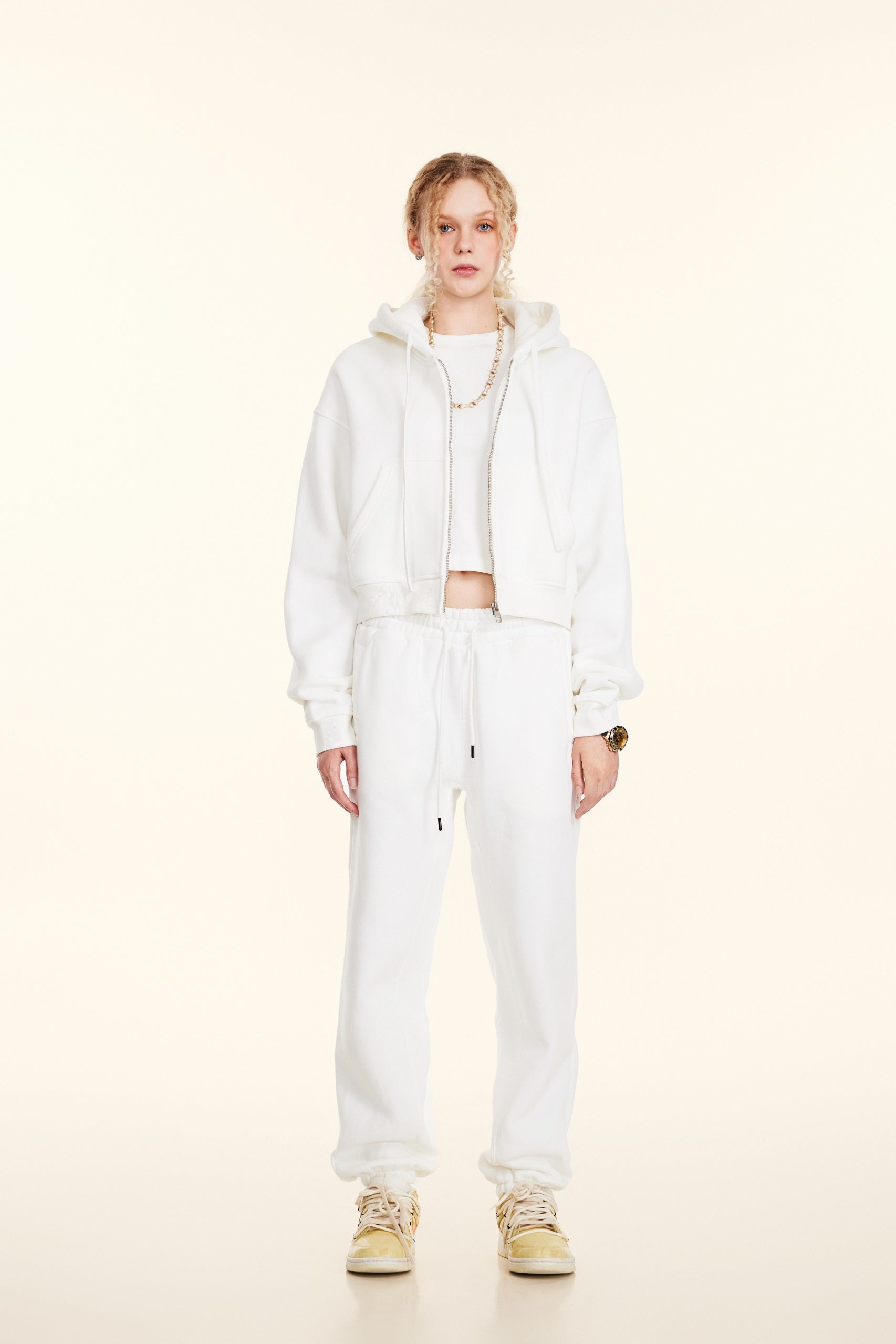 345GSM Women’s Cropped Fleece-Lined Zip-Up Hoodie White