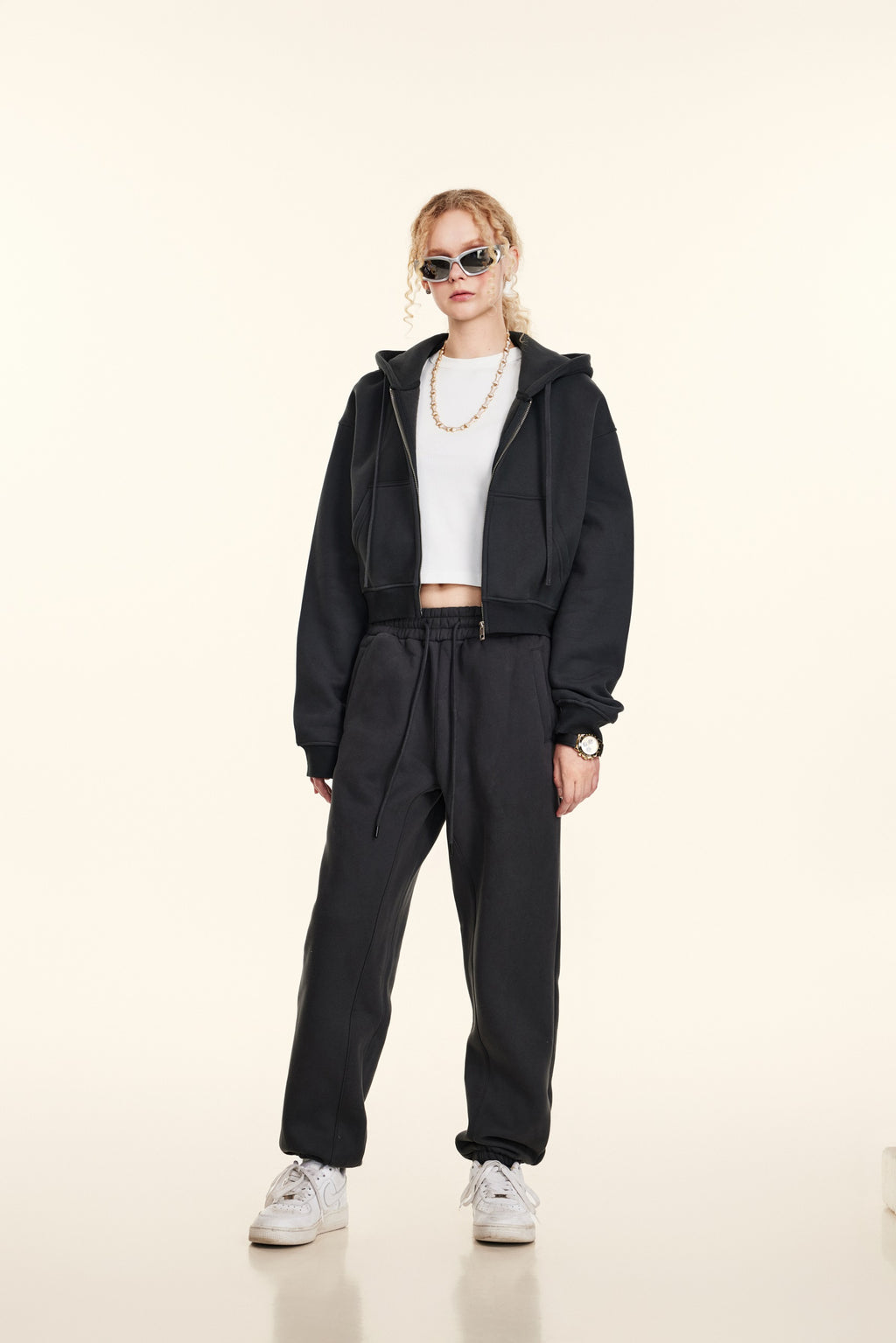 345GSM Women’s Cropped Fleece-Lined Zip-Up Hoodie Charcoal