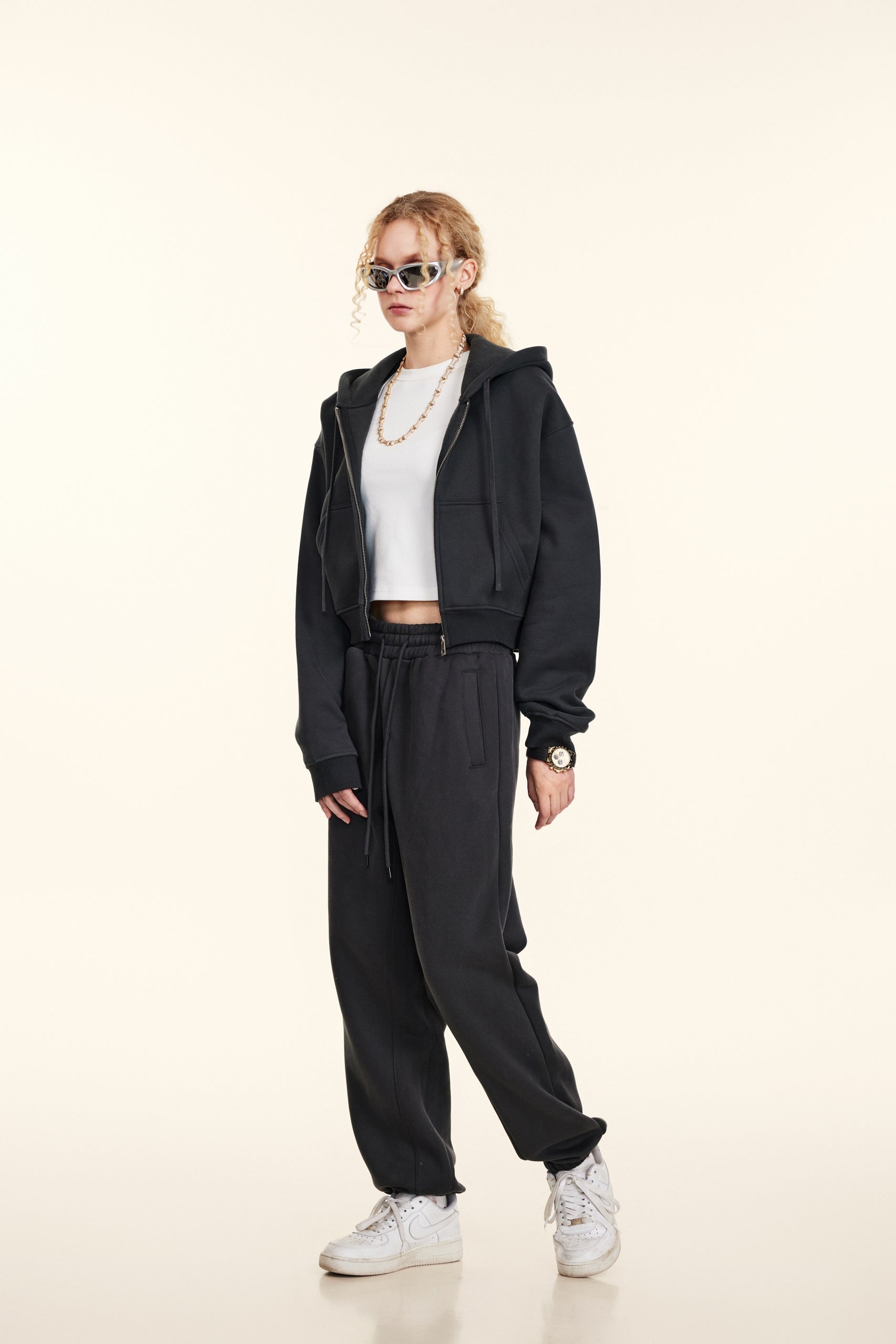 345GSM Women’s Cropped Fleece-Lined Zip-Up Hoodie Charcoal