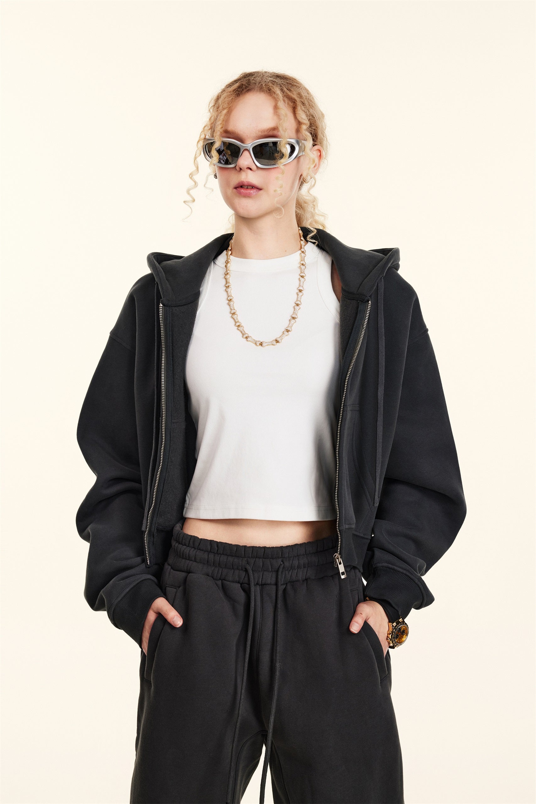 345GSM Women’s Cropped Fleece-Lined Zip-Up Hoodie Charcoal
