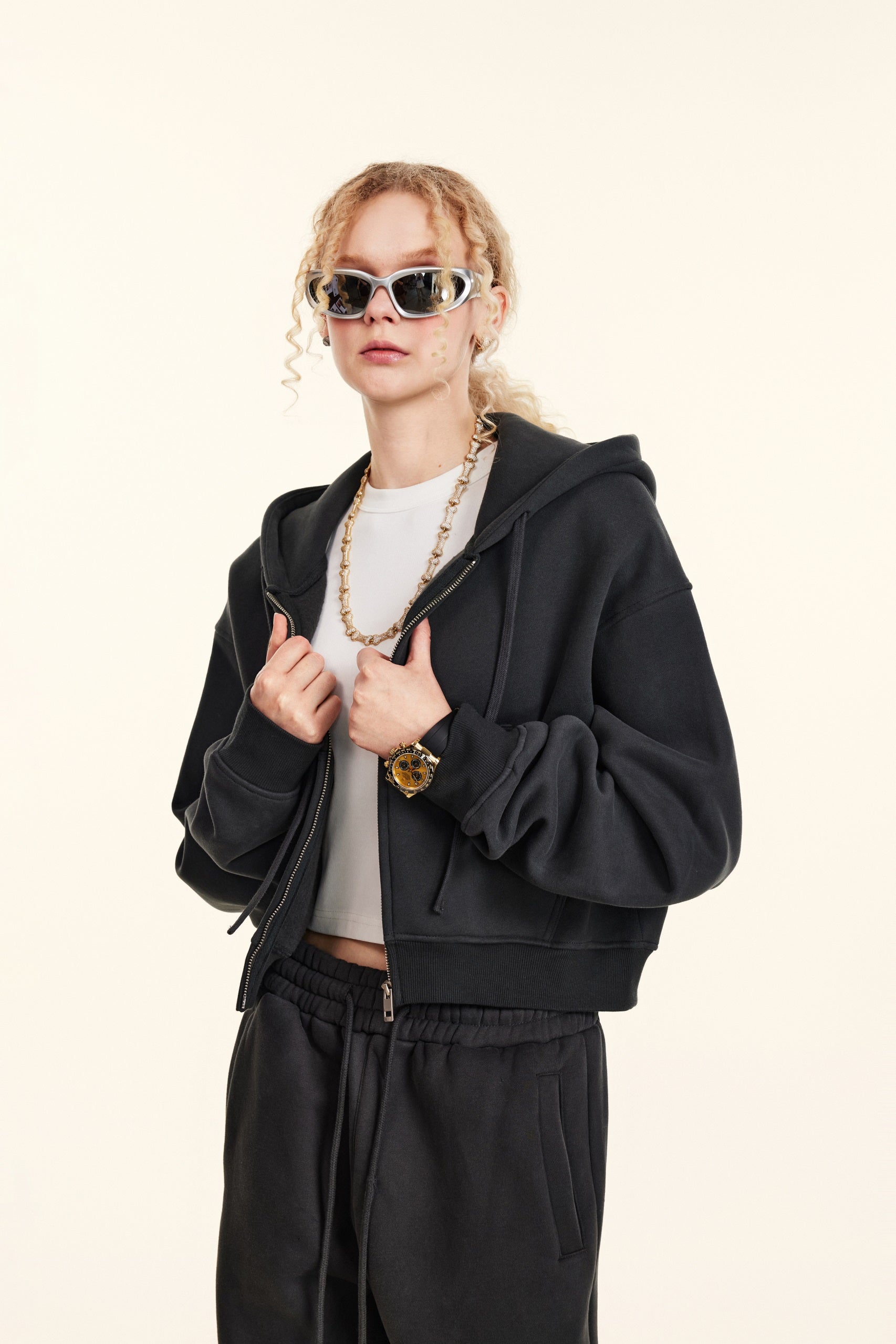 345GSM Women’s Cropped Fleece-Lined Zip-Up Hoodie Charcoal