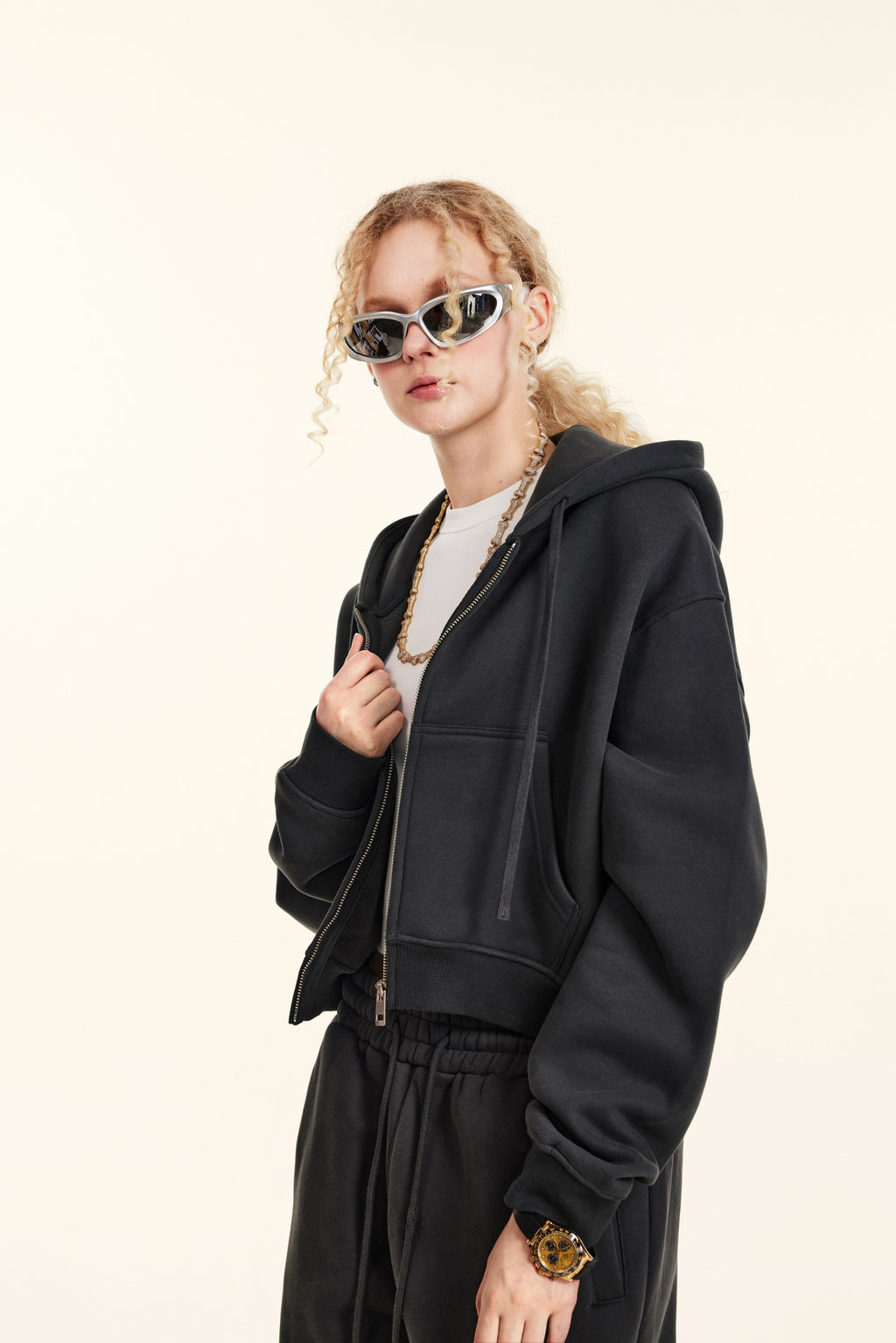 345GSM Women’s Cropped Fleece-Lined Zip-Up Hoodie Charcoal