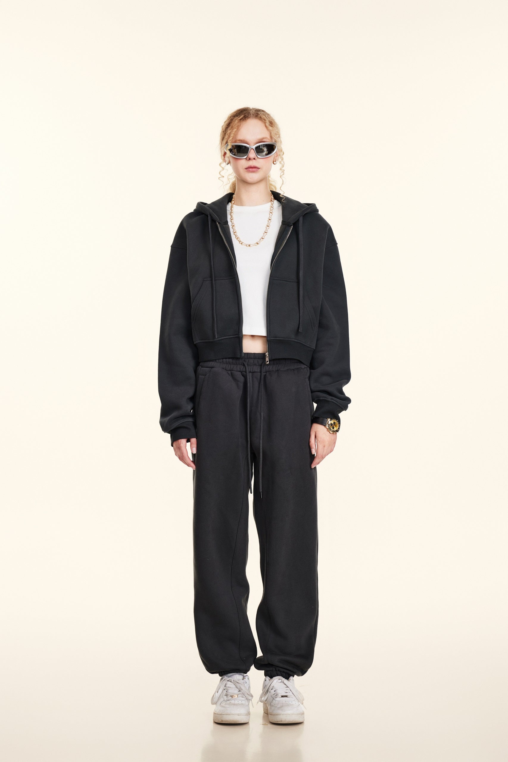 345GSM Women’s Cropped Fleece-Lined Zip-Up Hoodie Charcoal