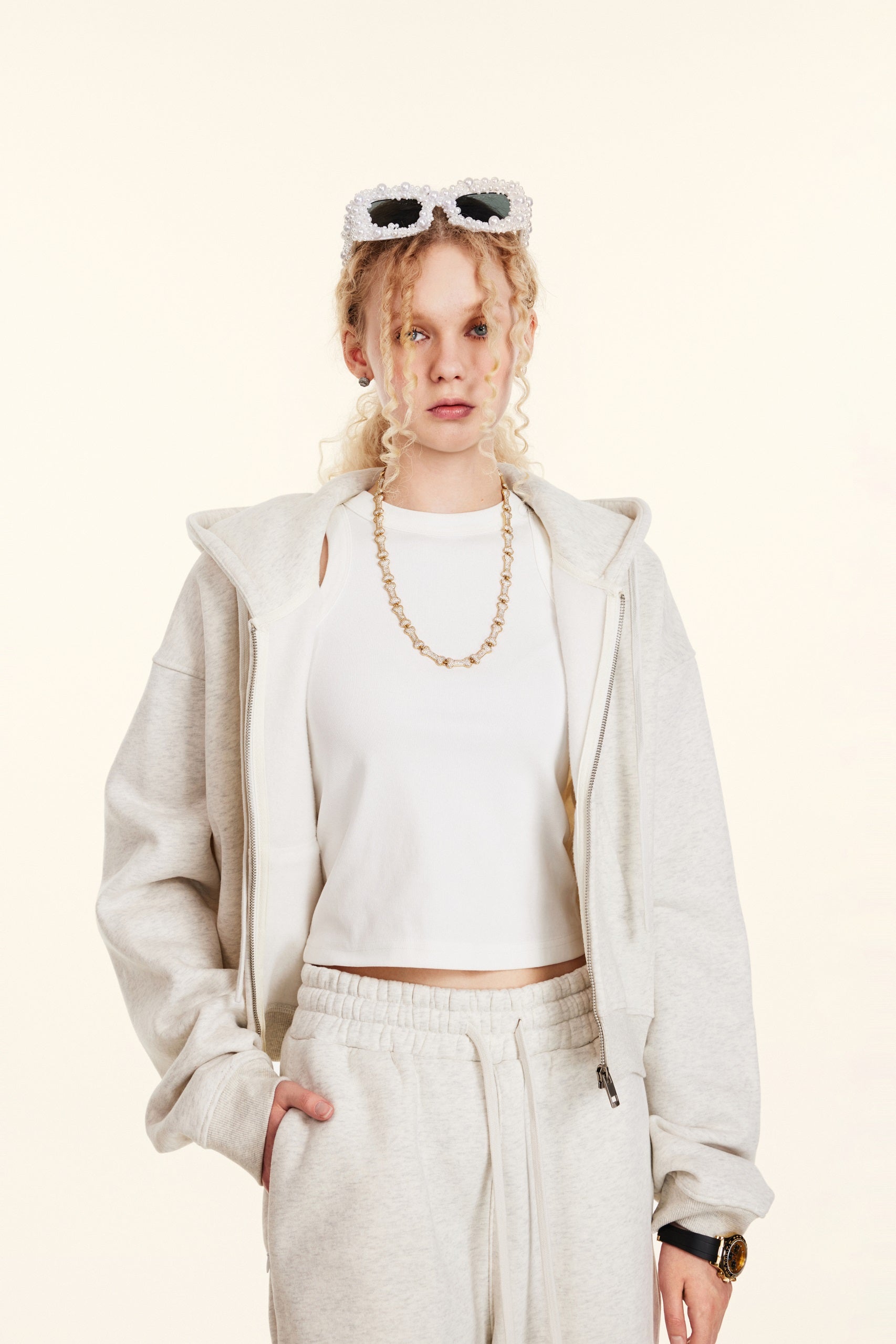 345GSM Women’s Cropped Fleece-Lined Zip-Up Hoodie Oatmeal Heather