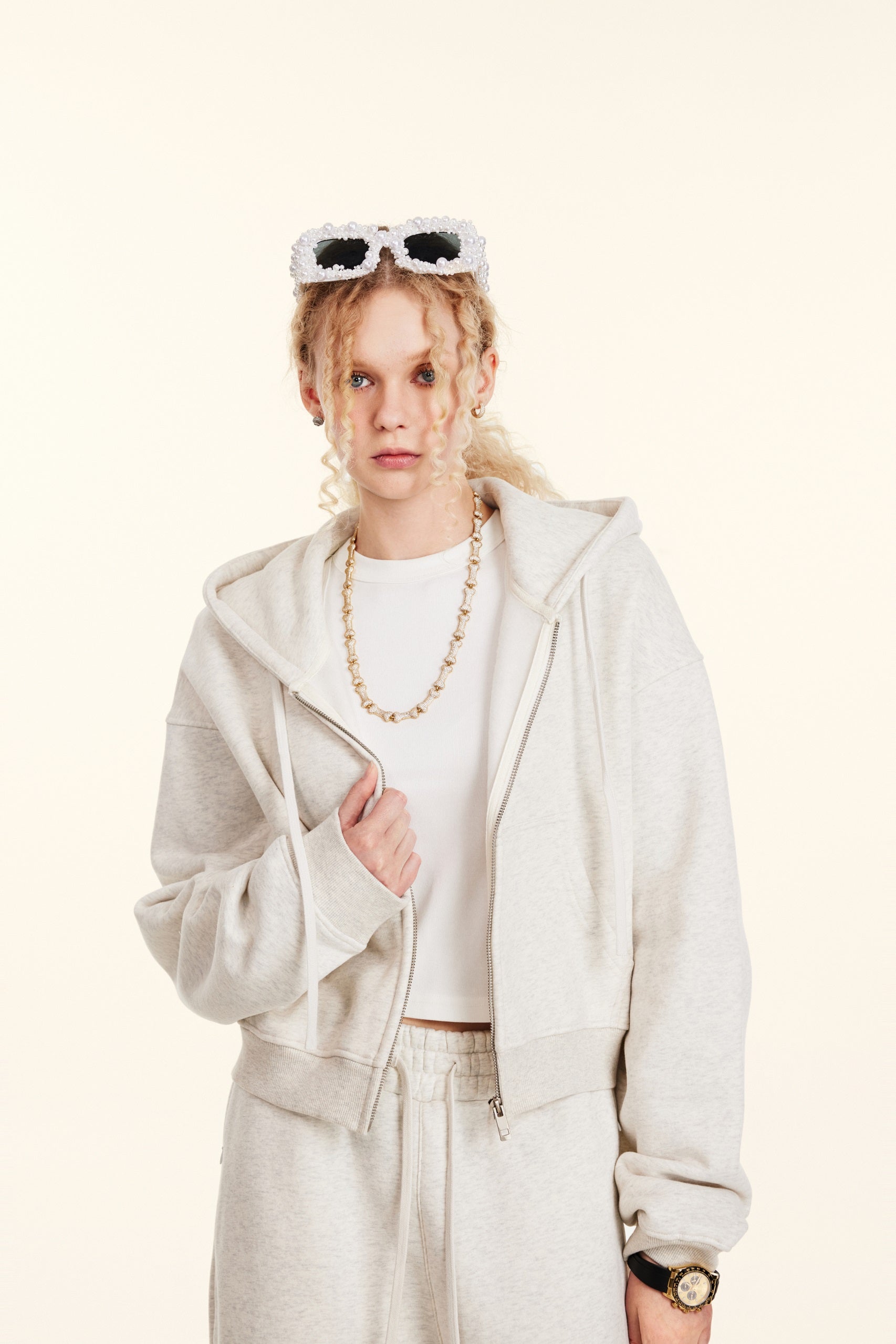 345GSM Women’s Cropped Fleece-Lined Zip-Up Hoodie Oatmeal Heather