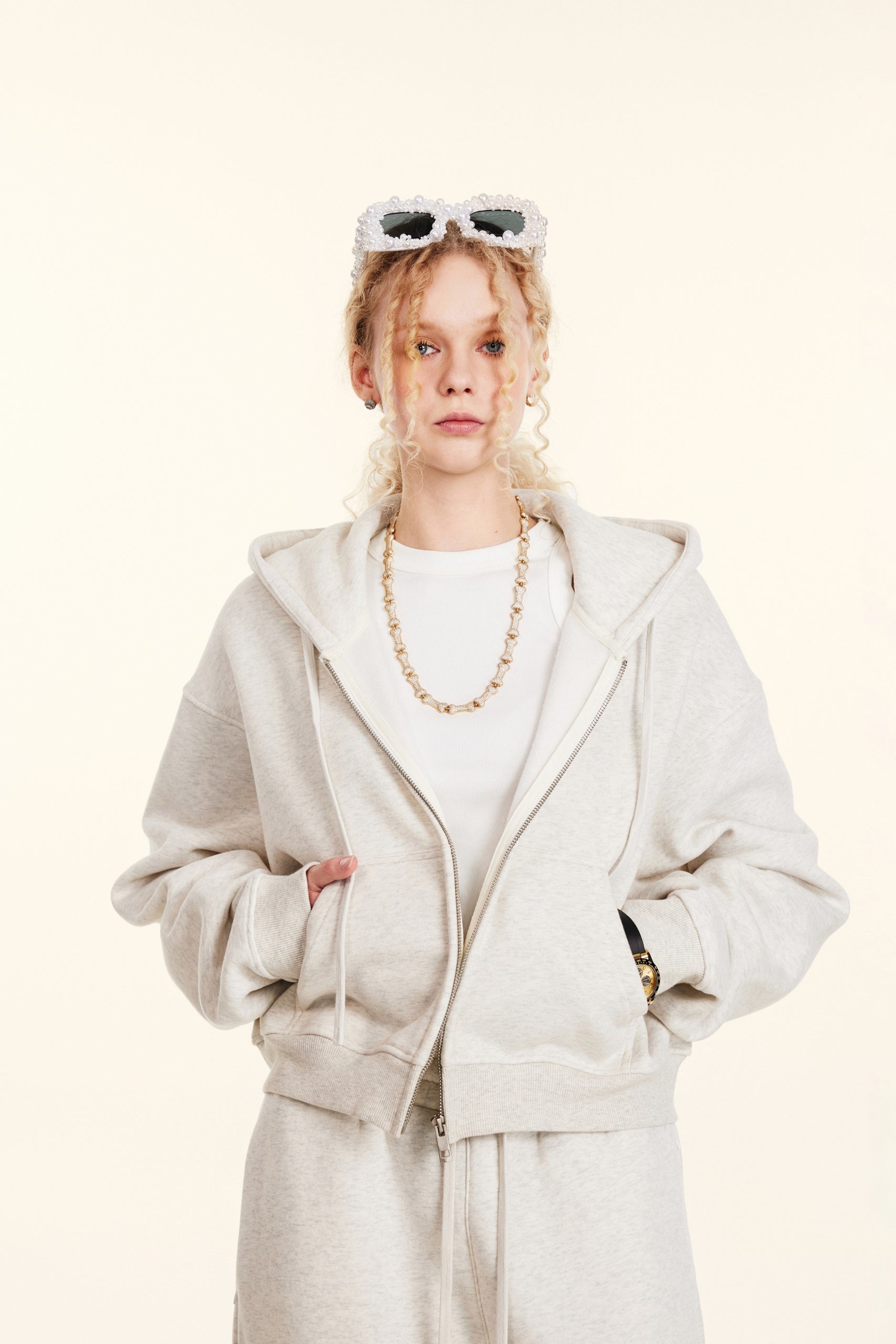 345GSM Women’s Cropped Fleece-Lined Zip-Up Hoodie Oatmeal Heather