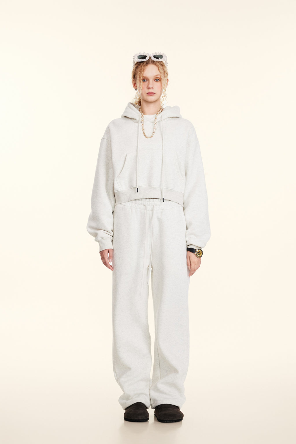 345GSM Women’s Cropped Fleece-Lined Zip-Up Hoodie Oatmeal Heather