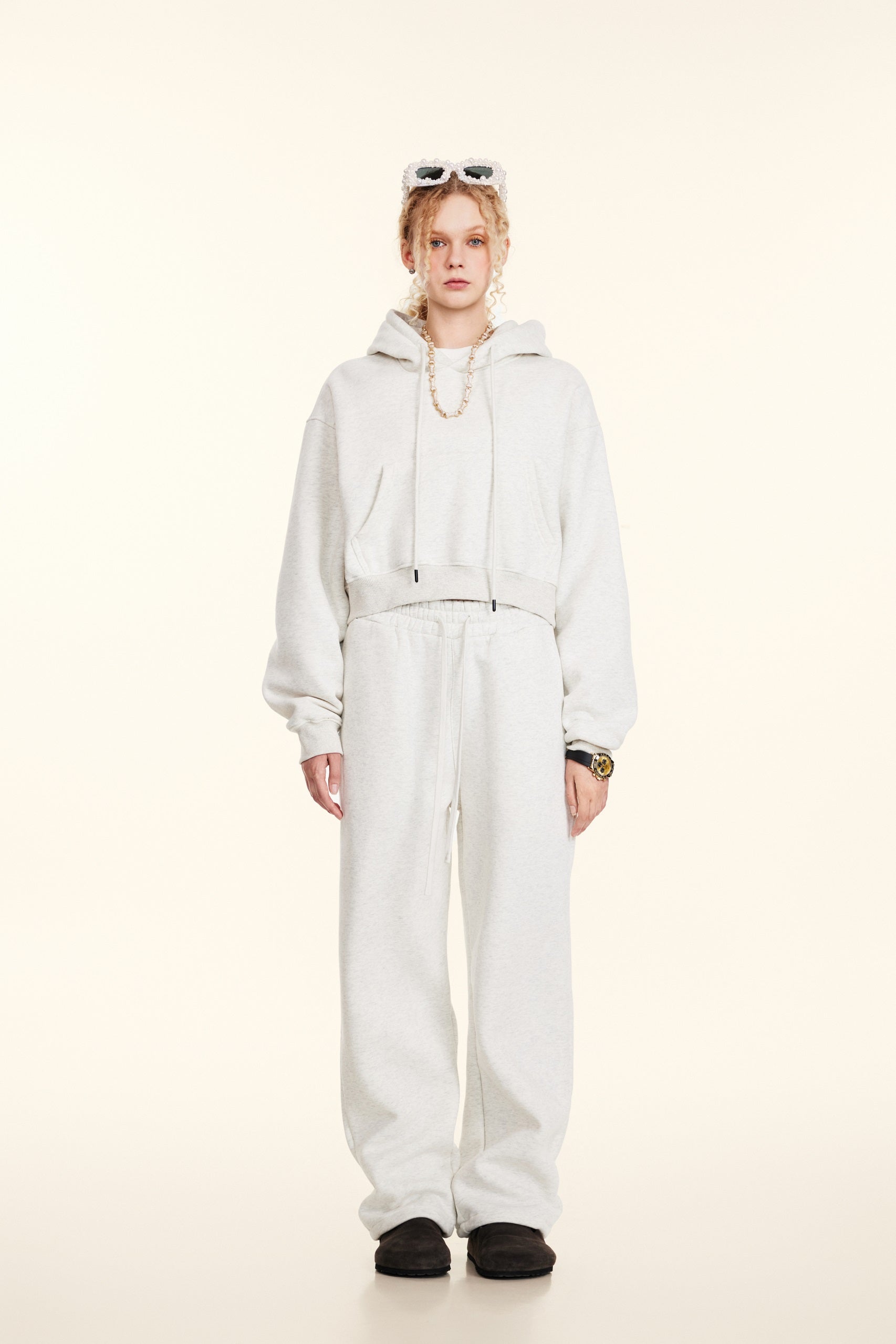 345GSM Women’s Cropped Fleece-Lined Zip-Up Hoodie Oatmeal Heather