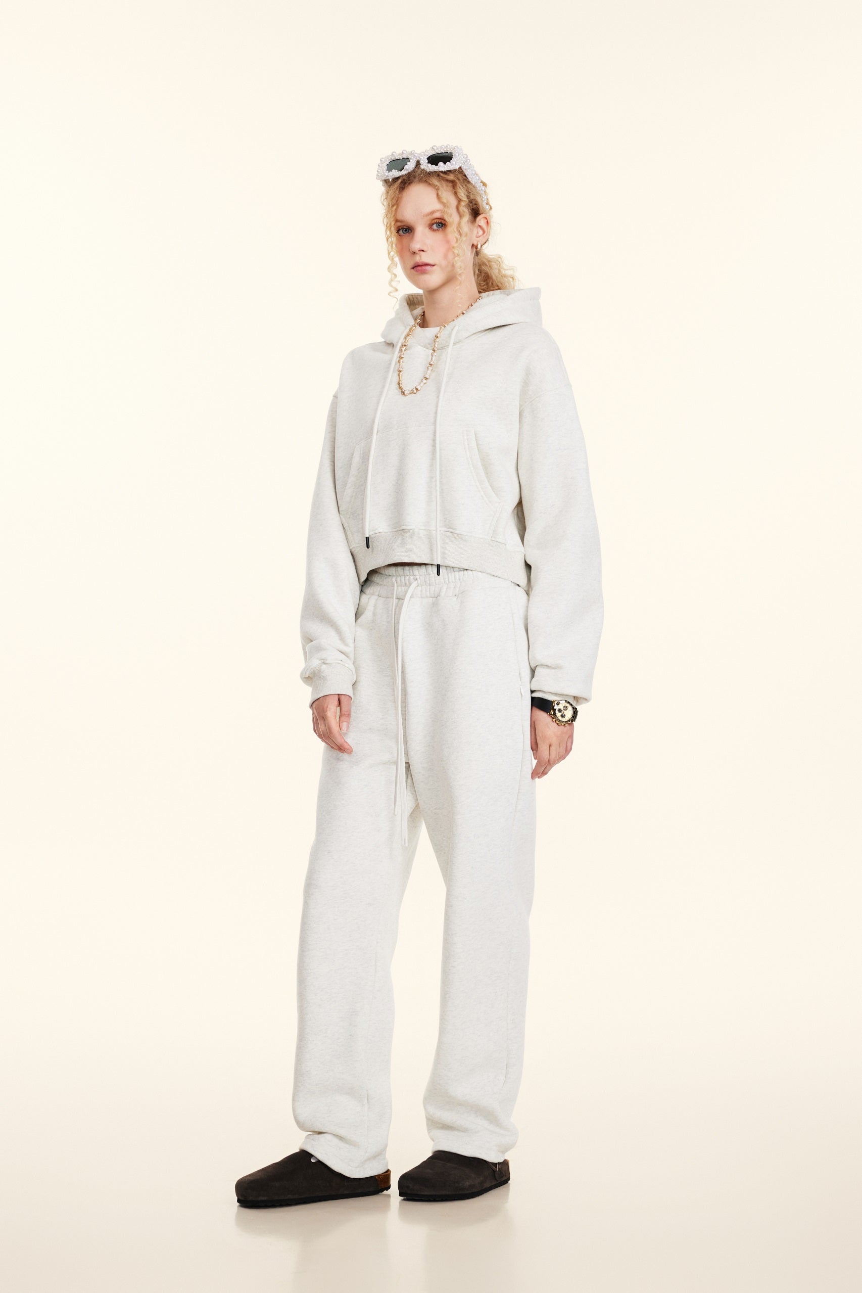 345GSM Women’s Cropped Fleece-Lined Zip-Up Hoodie Oatmeal Heather