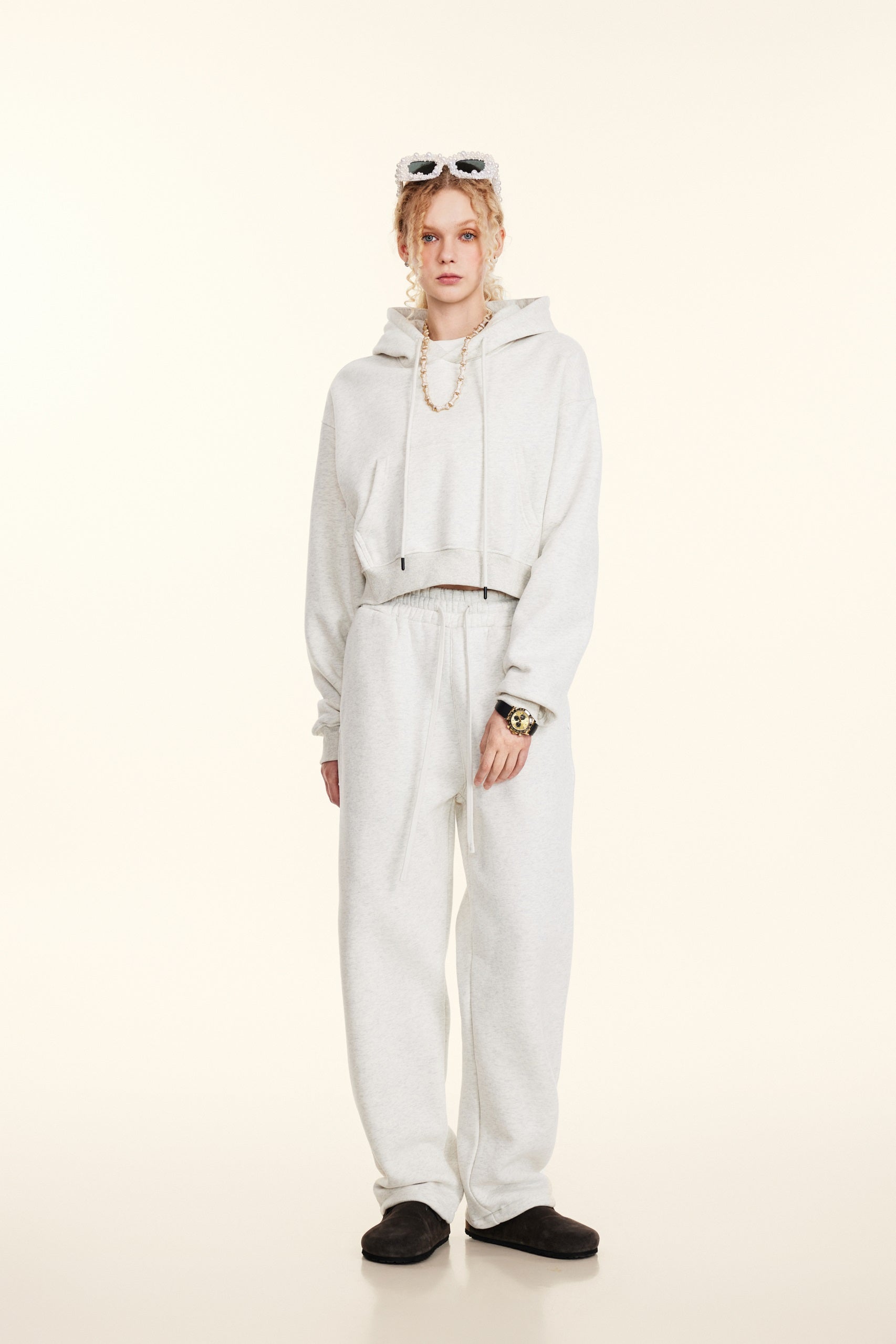 345GSM Women’s Cropped Fleece-Lined Zip-Up Hoodie Oatmeal Heather