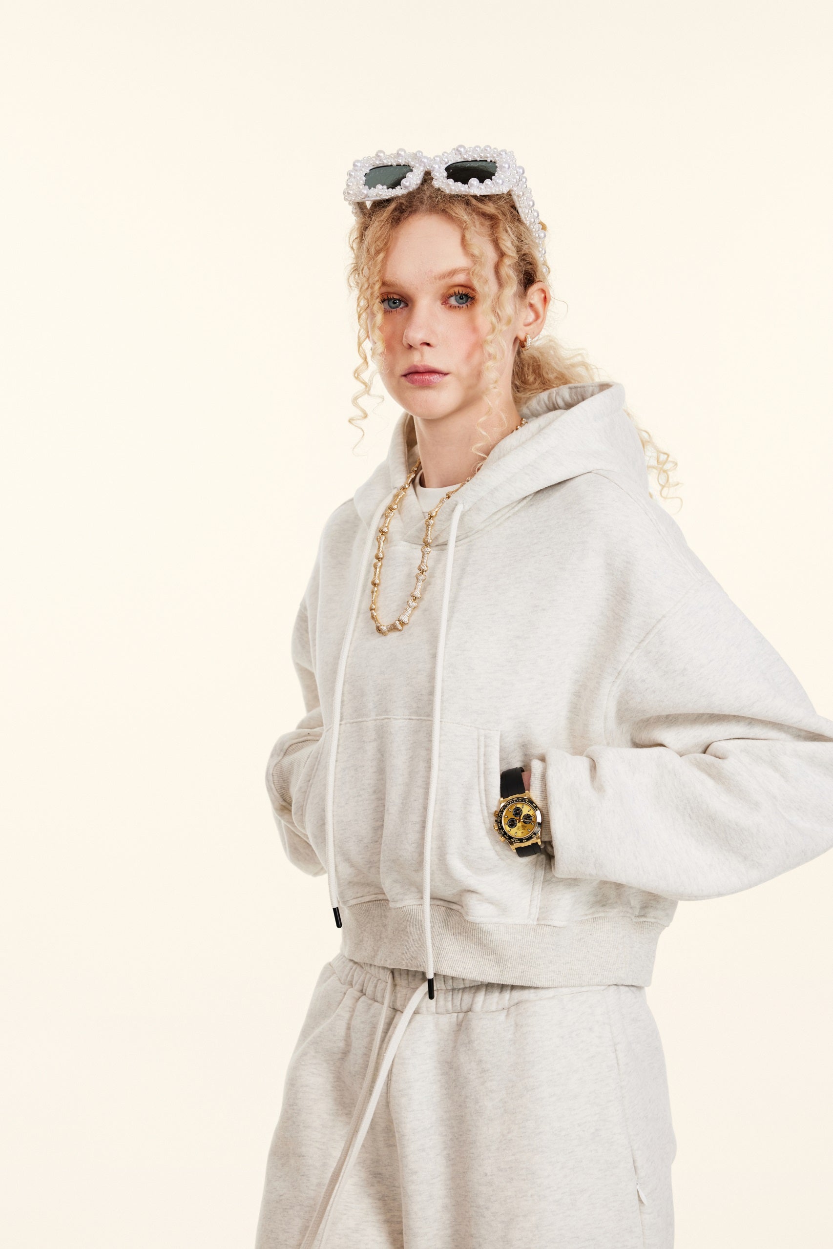 345GSM Women’s Cropped Fleece-Lined Zip-Up Hoodie Oatmeal Heather