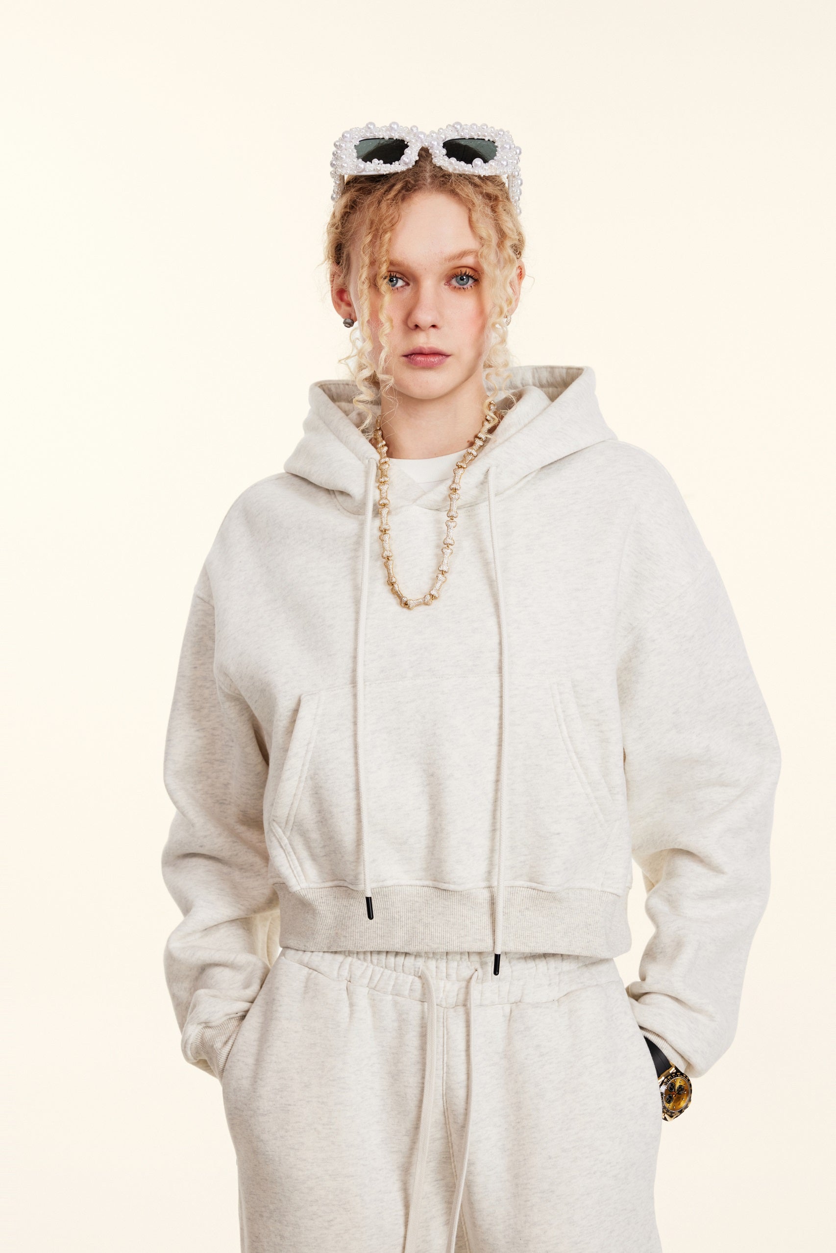 345GSM Women’s Cropped Fleece-Lined Zip-Up Hoodie Oatmeal Heather