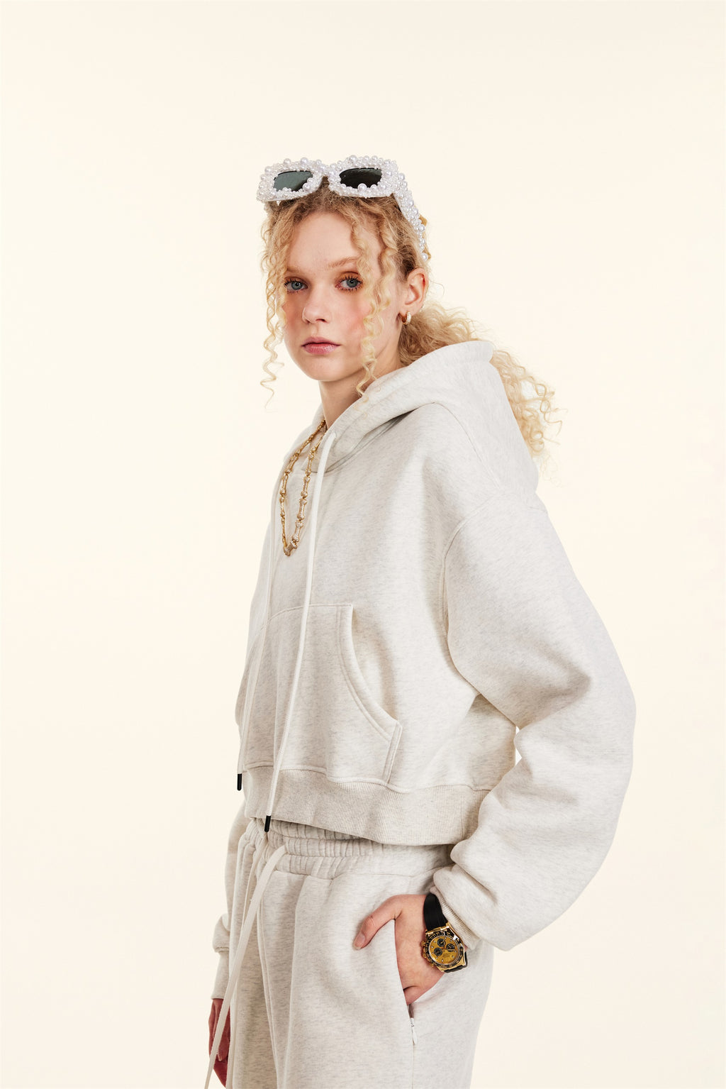 345GSM Women’s Cropped Fleece-Lined Zip-Up Hoodie Oatmeal Heather