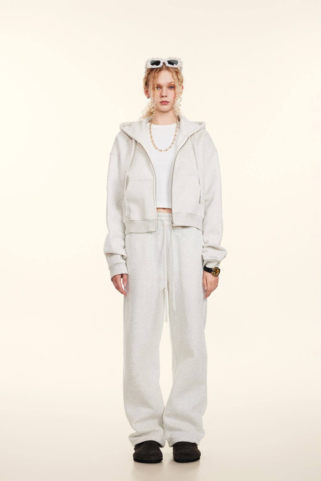 345GSM Women’s Cropped Fleece-Lined Zip-Up Hoodie Oatmeal Heather