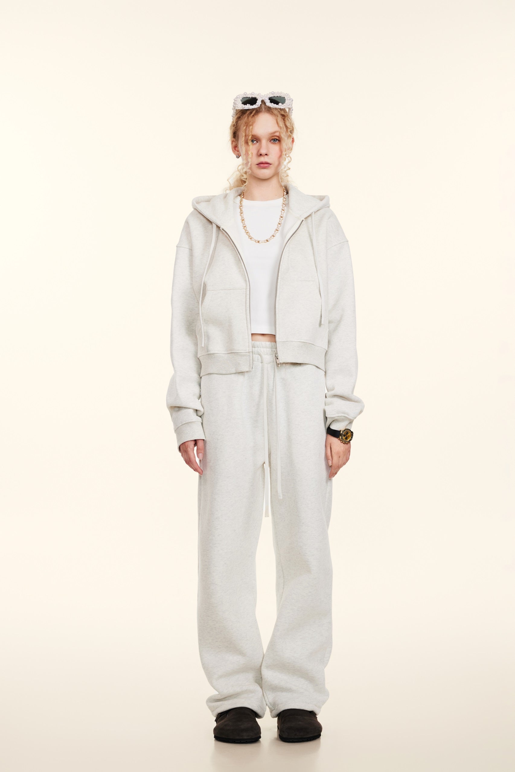 345GSM Women’s Cropped Fleece-Lined Zip-Up Hoodie Oatmeal Heather
