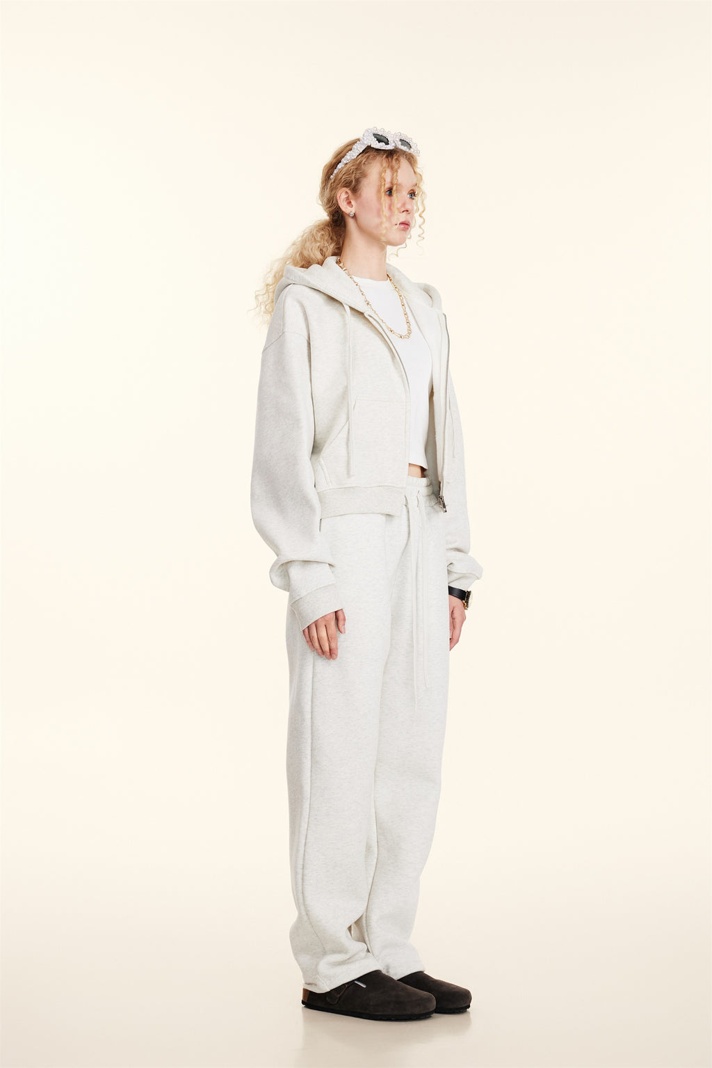 345GSM Women’s Cropped Fleece-Lined Zip-Up Hoodie Oatmeal Heather