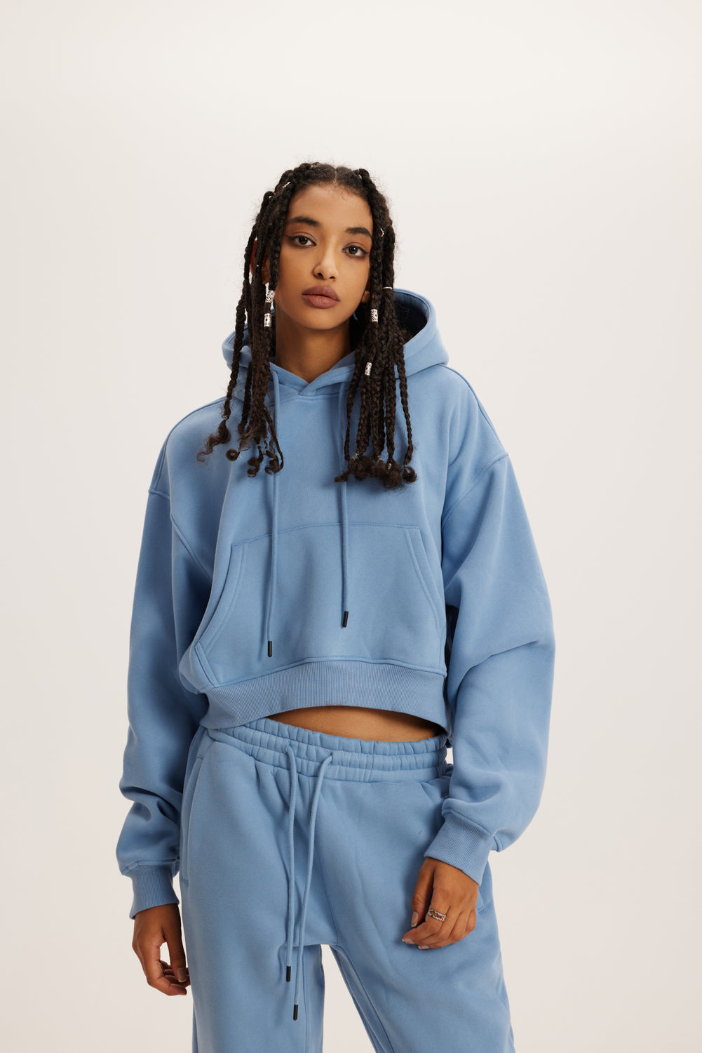 345GSM Women’s Heavyweight Cropped Fleece Hoodie Mid Blue