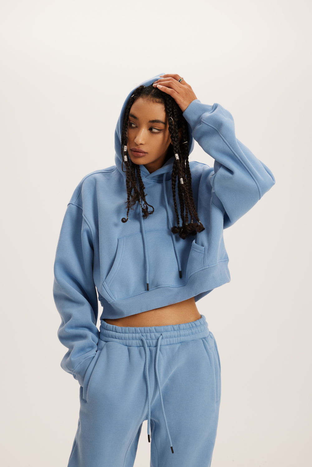 345GSM Women’s Heavyweight Cropped Fleece Hoodie Mid Blue
