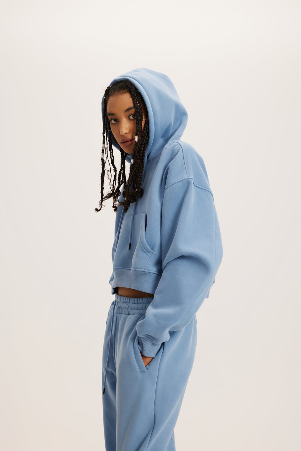 345GSM Women’s Heavyweight Cropped Fleece Hoodie Mid Blue