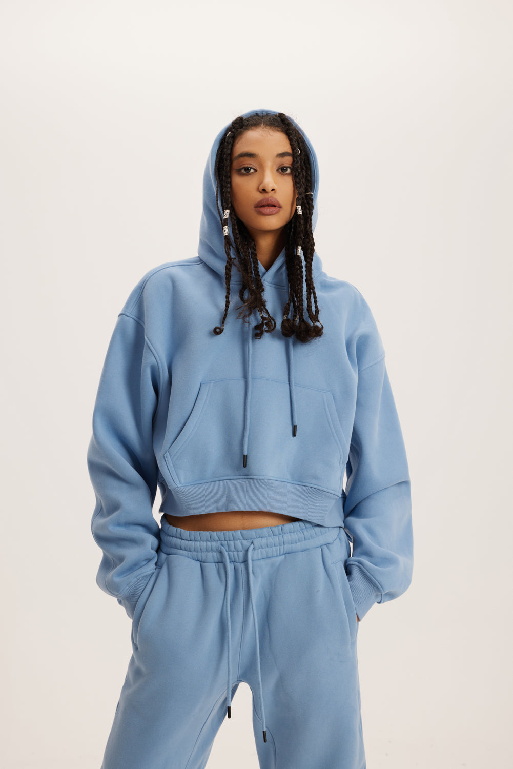 345GSM Women’s Heavyweight Cropped Fleece Hoodie Mid Blue