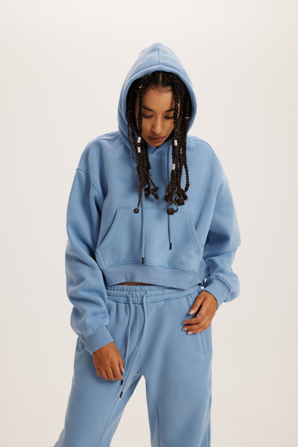 345GSM Women’s Heavyweight Cropped Fleece Hoodie Mid Blue