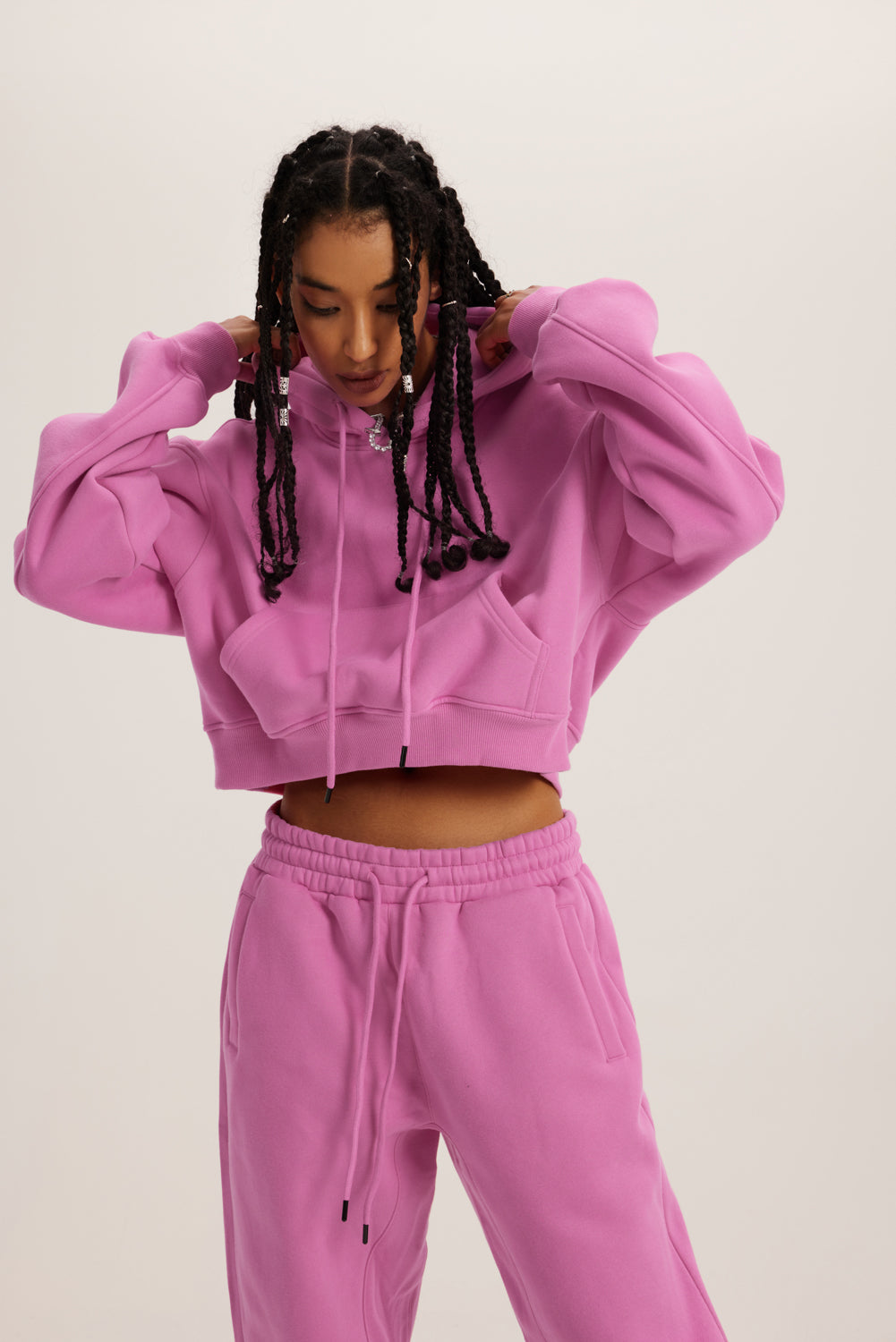 345GSM Women’s Heavyweight Cropped Fleece Hoodie Rose Pink