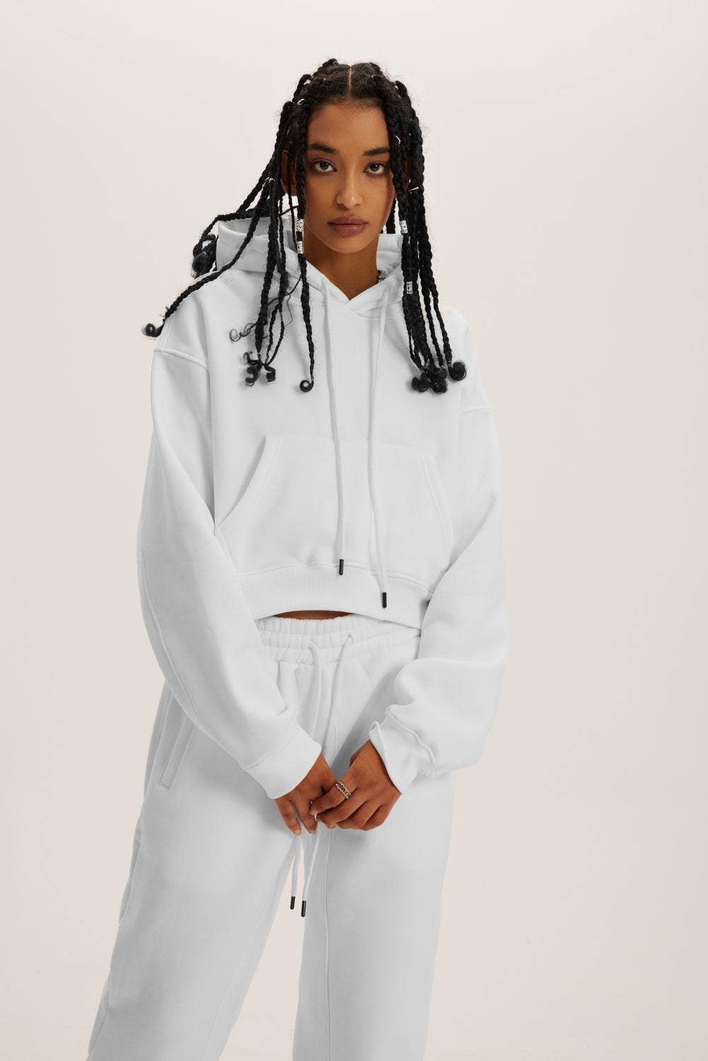 345GSM Women’s Heavyweight Cropped Fleece Hoodie White