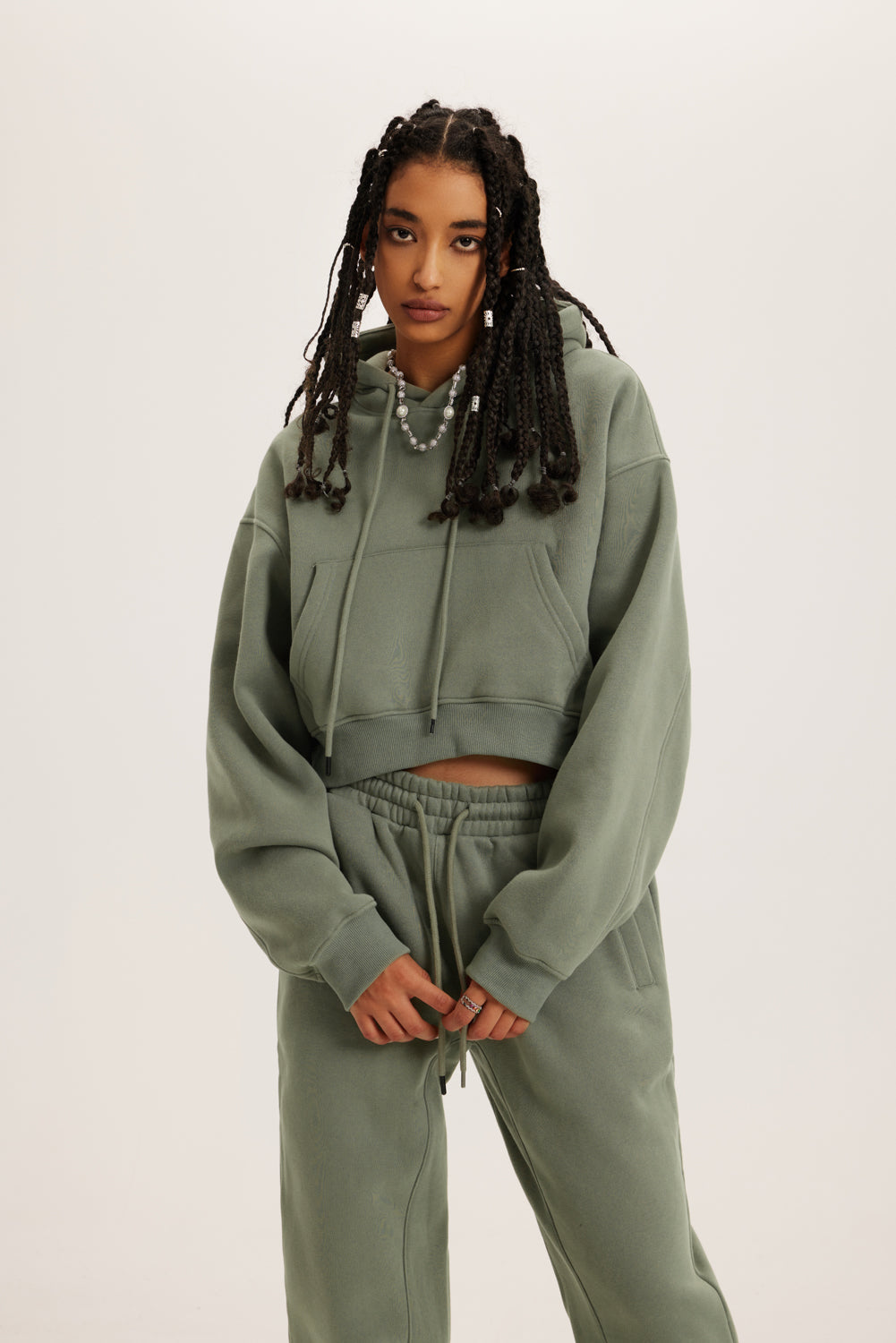 345GSM Women’s Heavyweight Cropped Fleece Hoodie Gray Green