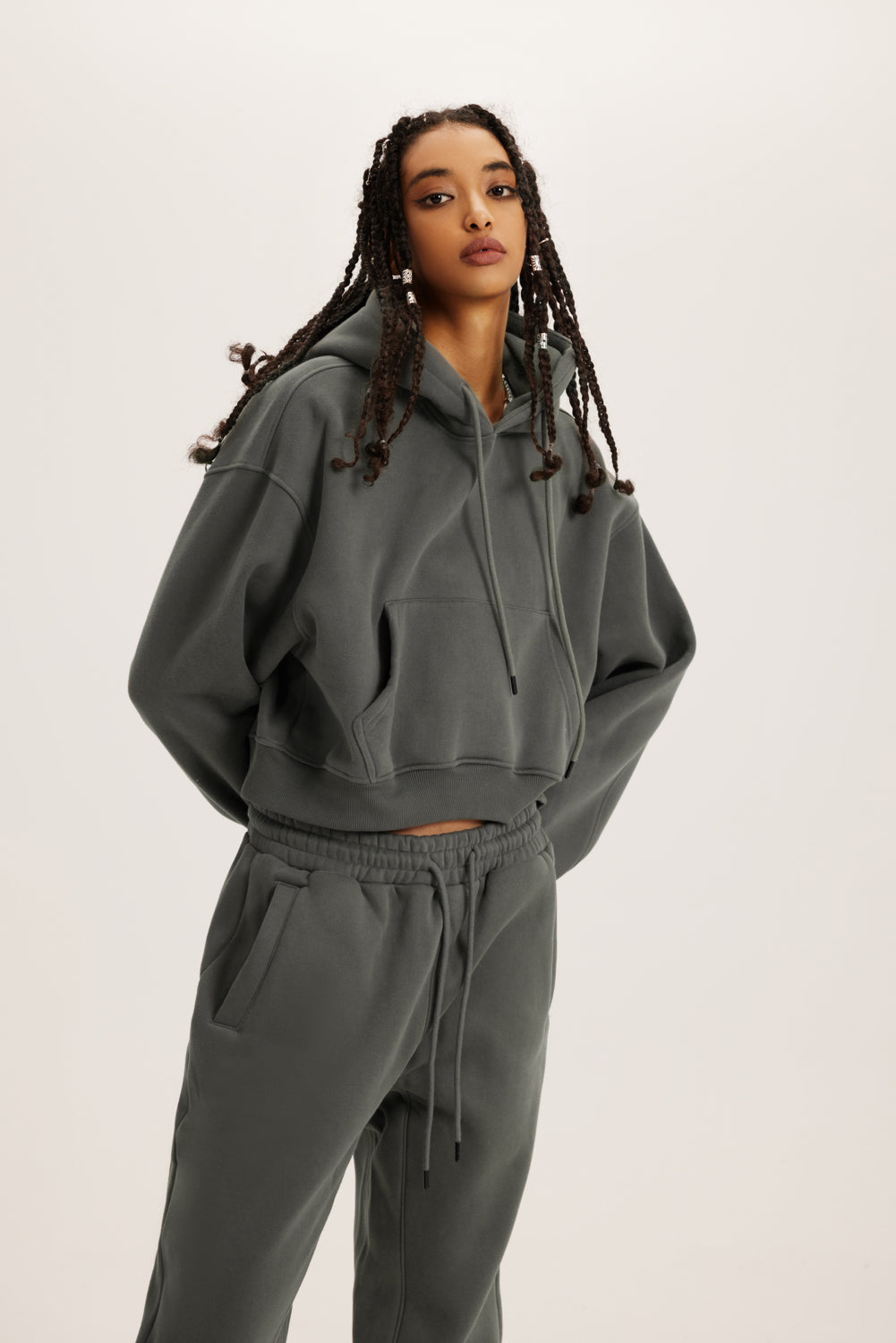 345GSM Women’s Heavyweight Cropped Fleece Hoodie Taupe