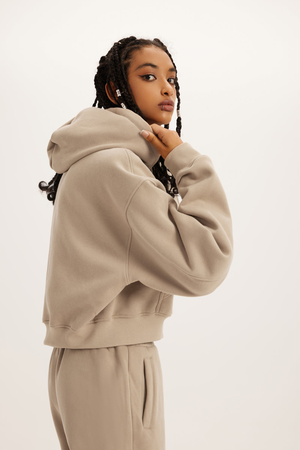 345GSM Women’s Heavyweight Cropped Fleece Hoodie Khaki