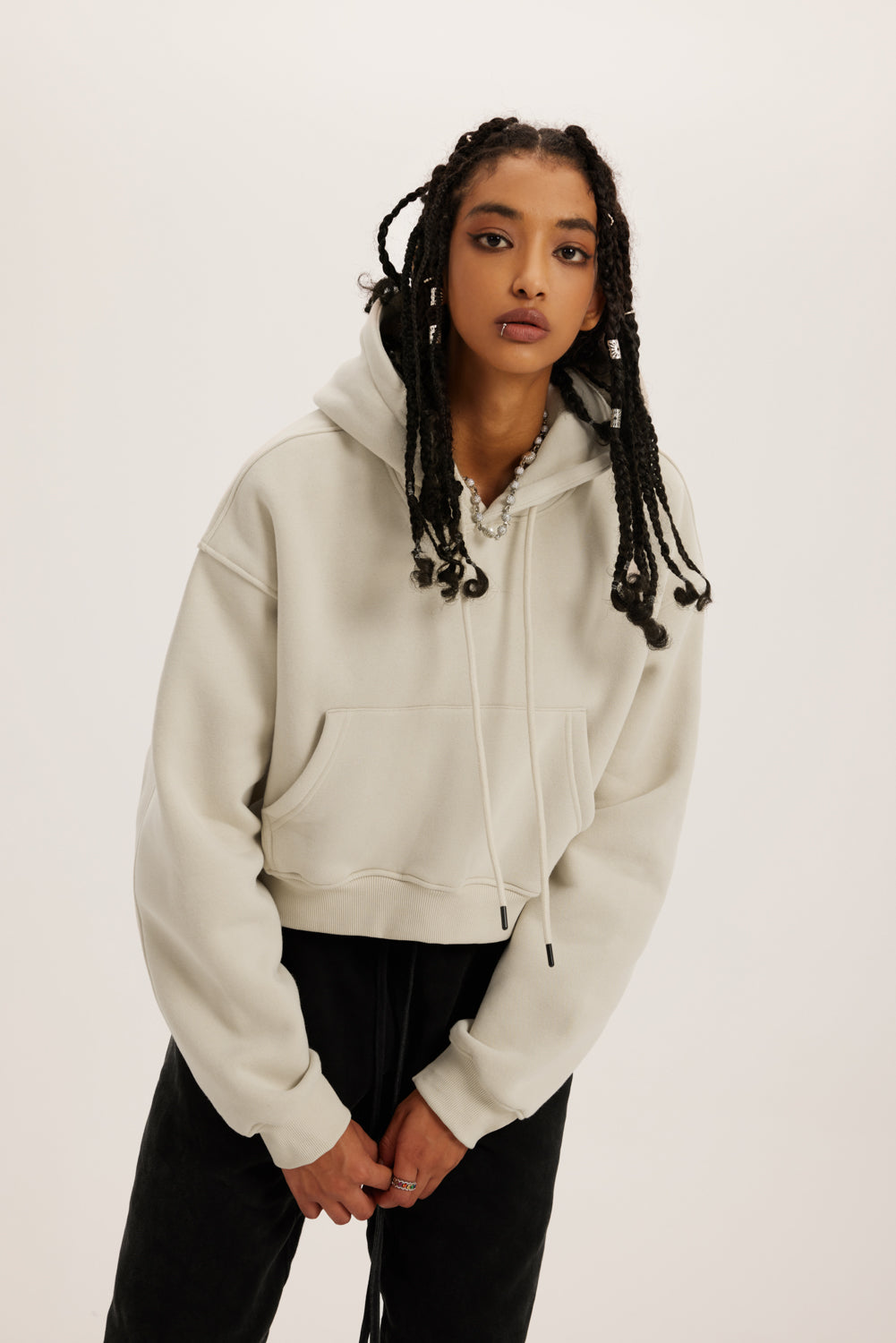 345GSM Women’s Heavyweight Cropped Fleece Hoodie Ash Beige