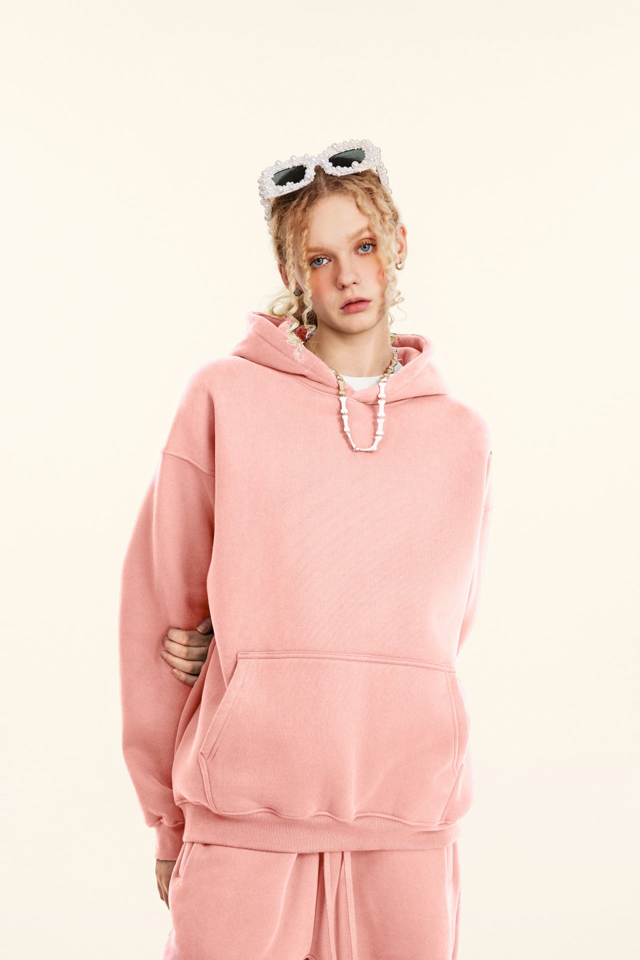 345GSM Women's Heavyweight Solid-Color Hoodie Pink