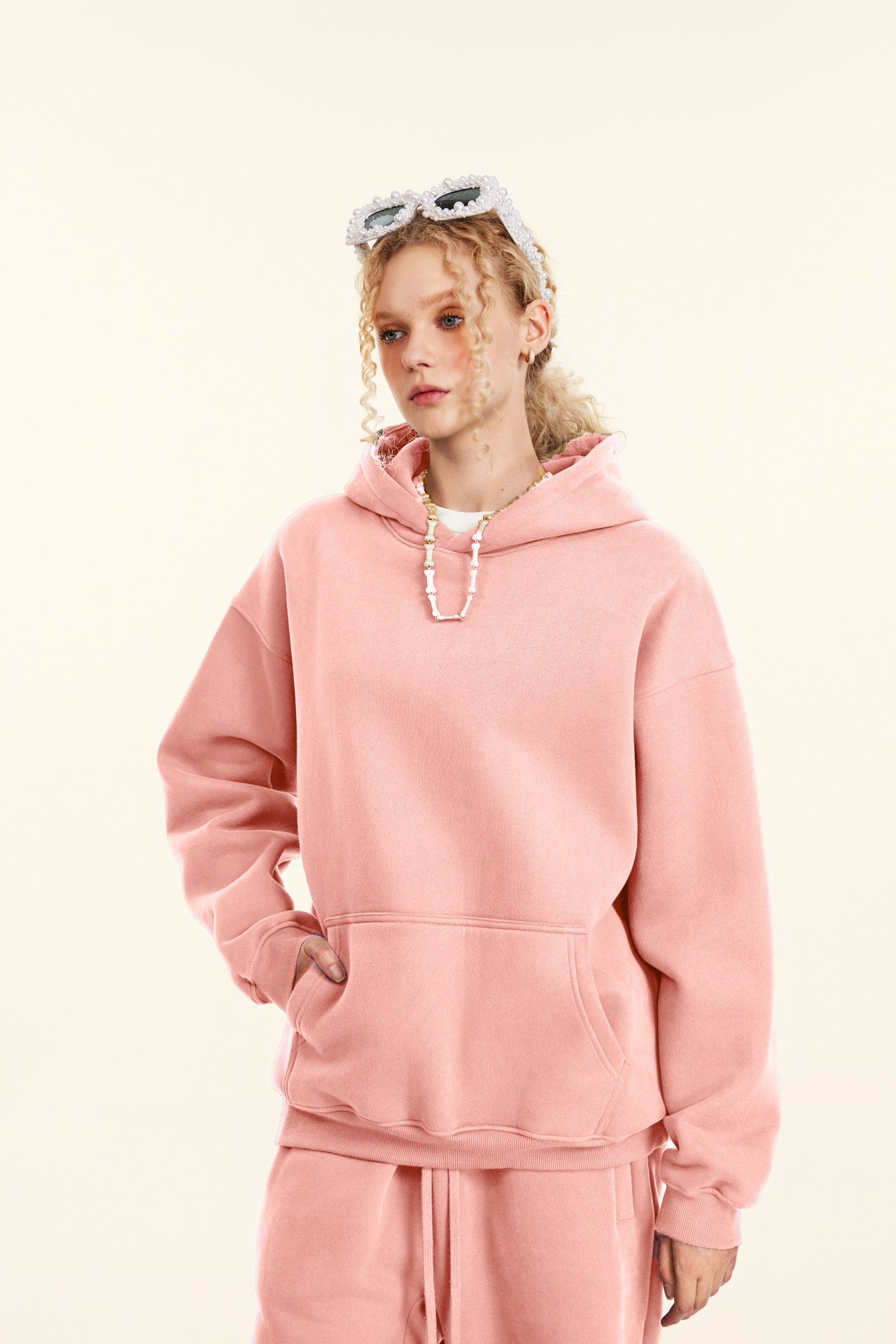 345GSM Women's Heavyweight Solid-Color Hoodie Pink