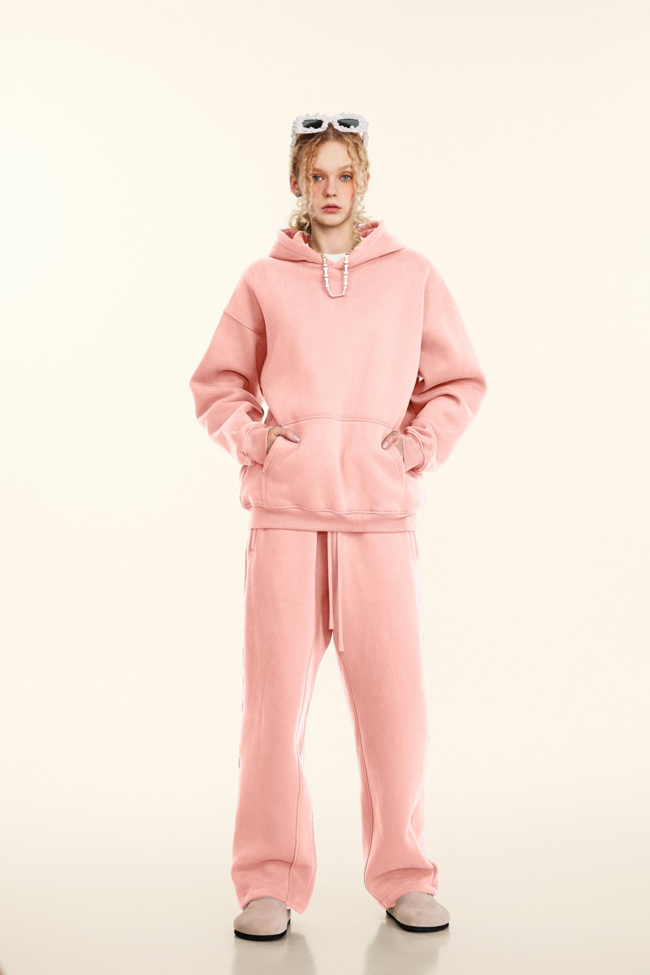 345GSM Women's Heavyweight Solid-Color Hoodie Pink