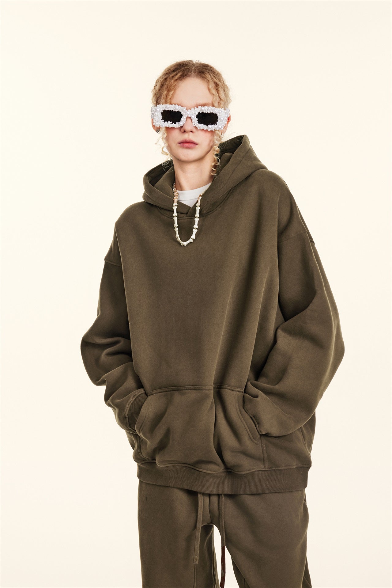 345GSM Women's Heavyweight Solid-Color Hoodie Brown