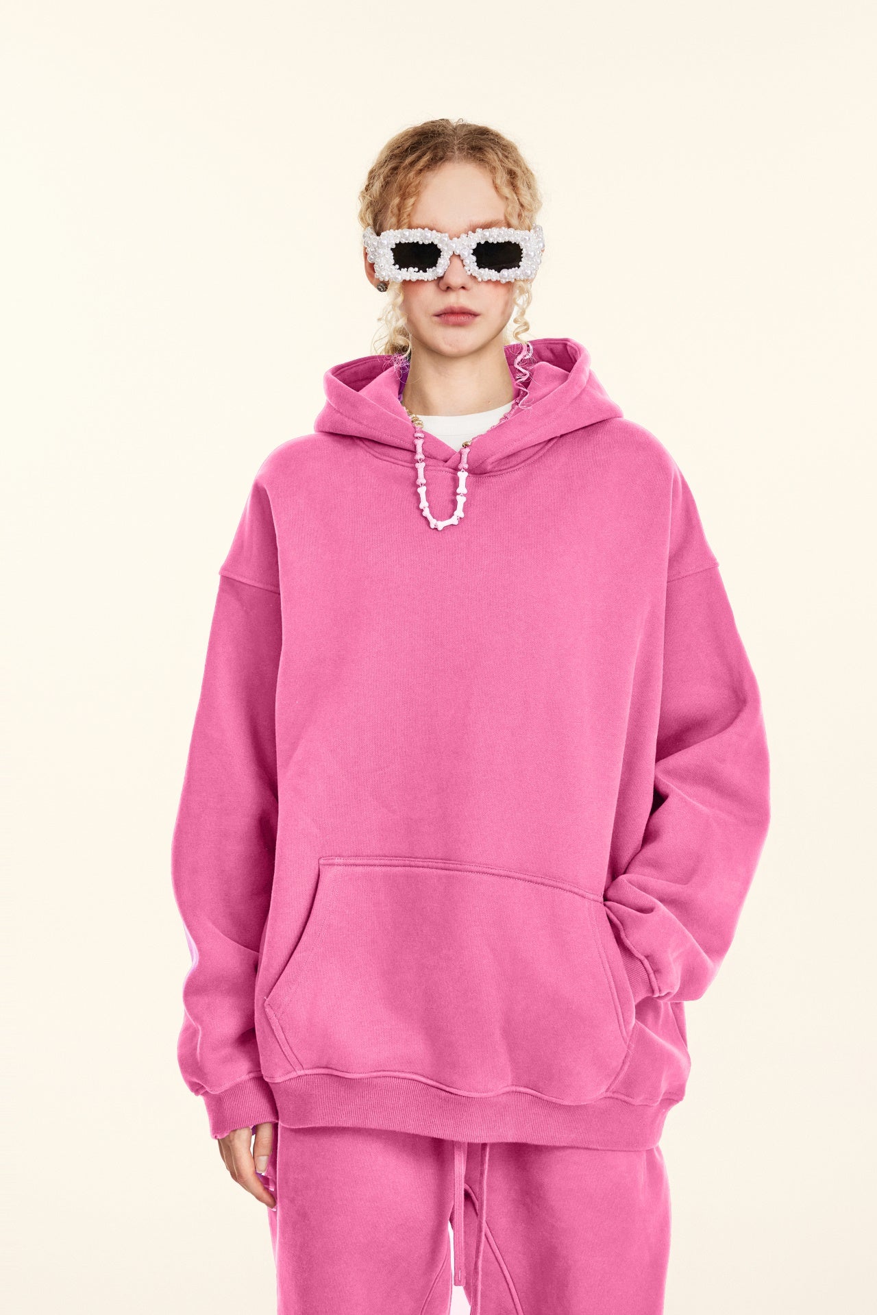 345GSM Women's Heavyweight Solid-Color Hoodie Rose Pink