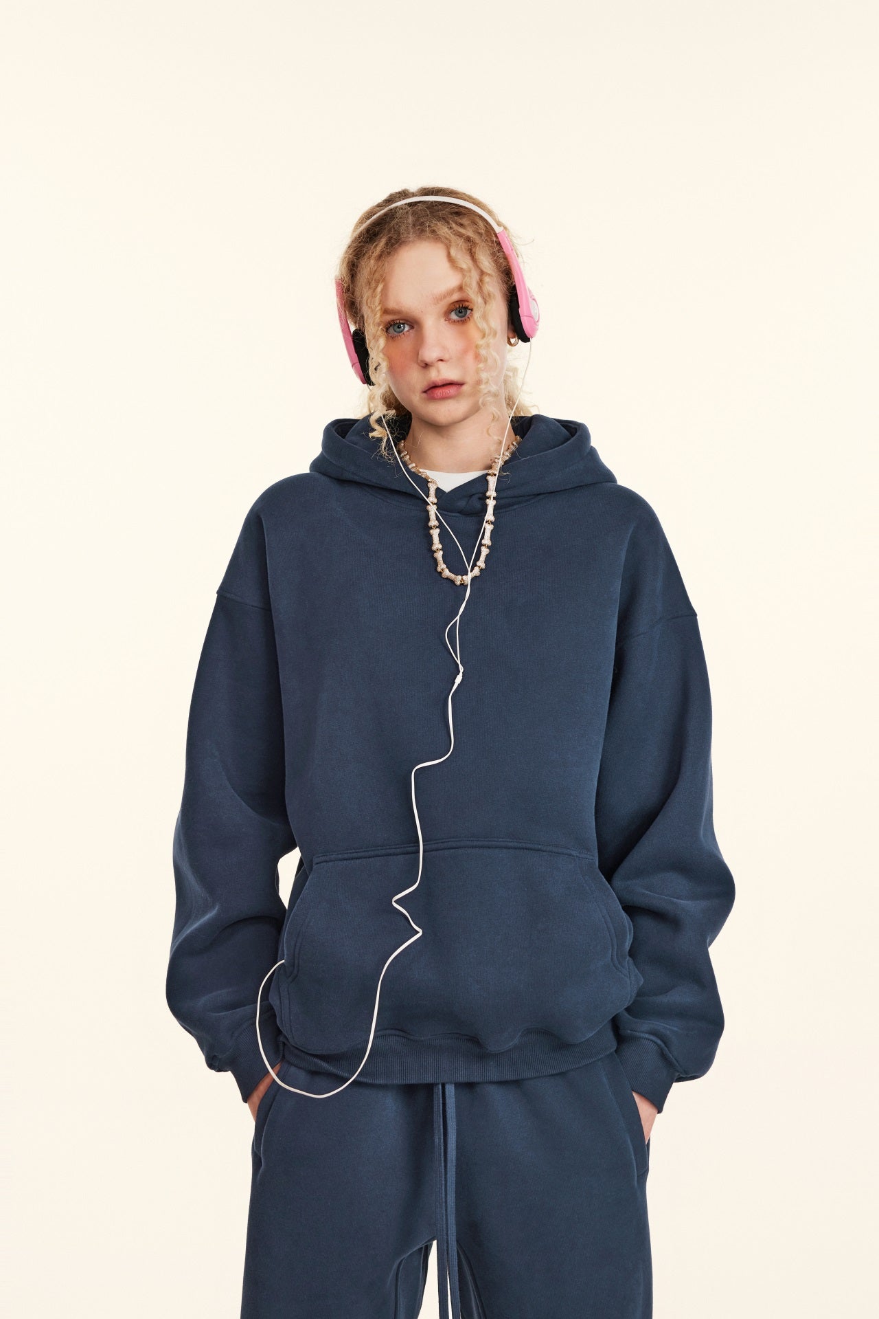 345GSM Women's Heavyweight Solid-Color Hoodie Navy Blue