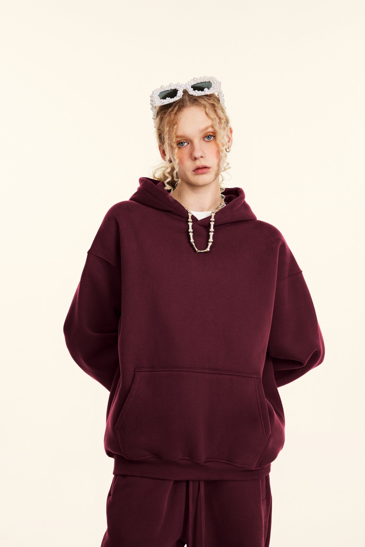 345GSM Women's Heavyweight Solid-Color Hoodie Dark Red