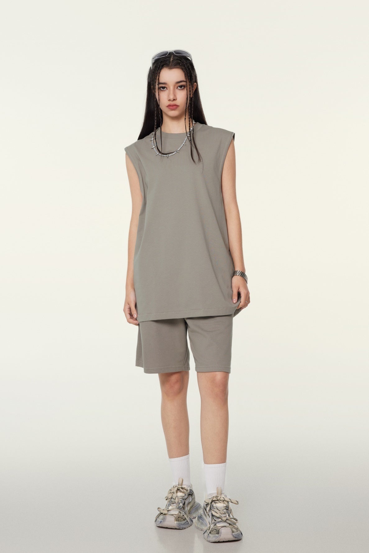 230GSM Women’s Cool-Touch Ice-Feel Solid Color Crew Neck Tank Top Taupe