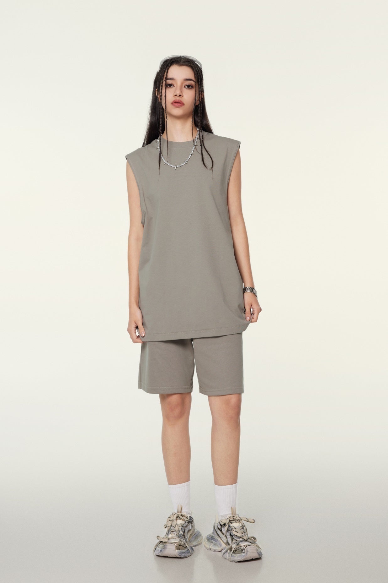 230GSM Women’s Cool-Touch Ice-Feel Solid Color Crew Neck Tank Top Taupe