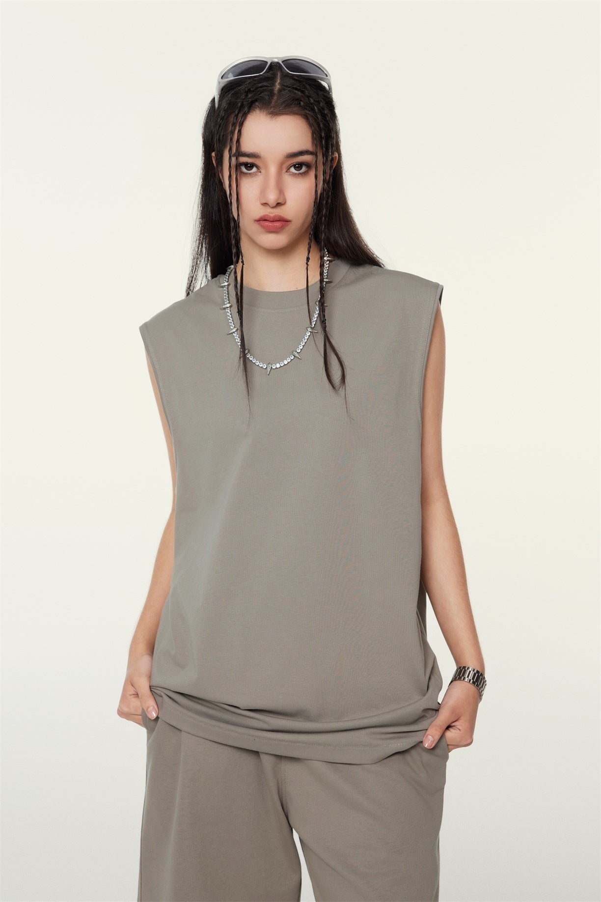 230GSM Women’s Cool-Touch Ice-Feel Solid Color Crew Neck Tank Top Taupe