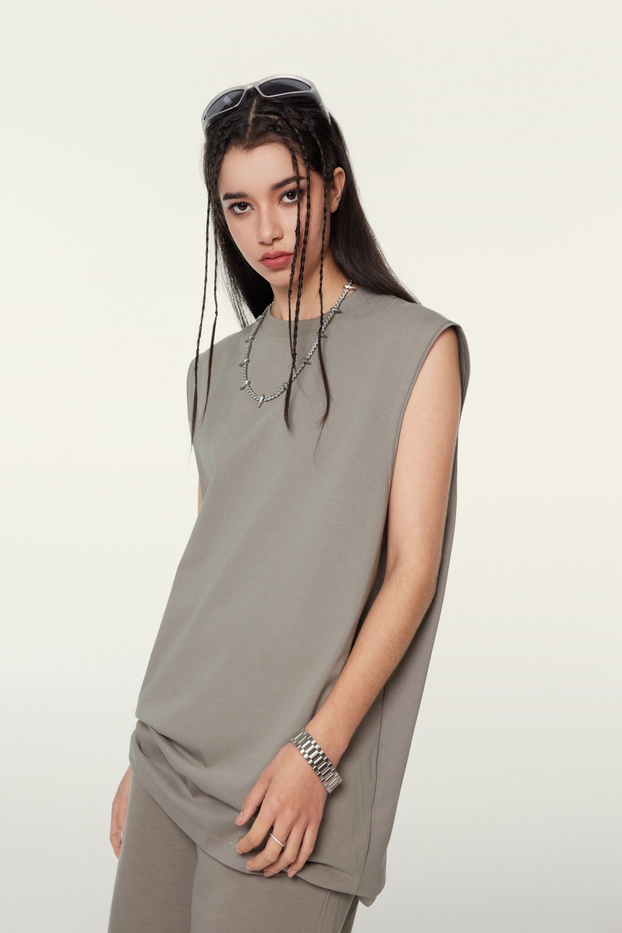 230GSM Women’s Cool-Touch Ice-Feel Solid Color Crew Neck Tank Top Taupe