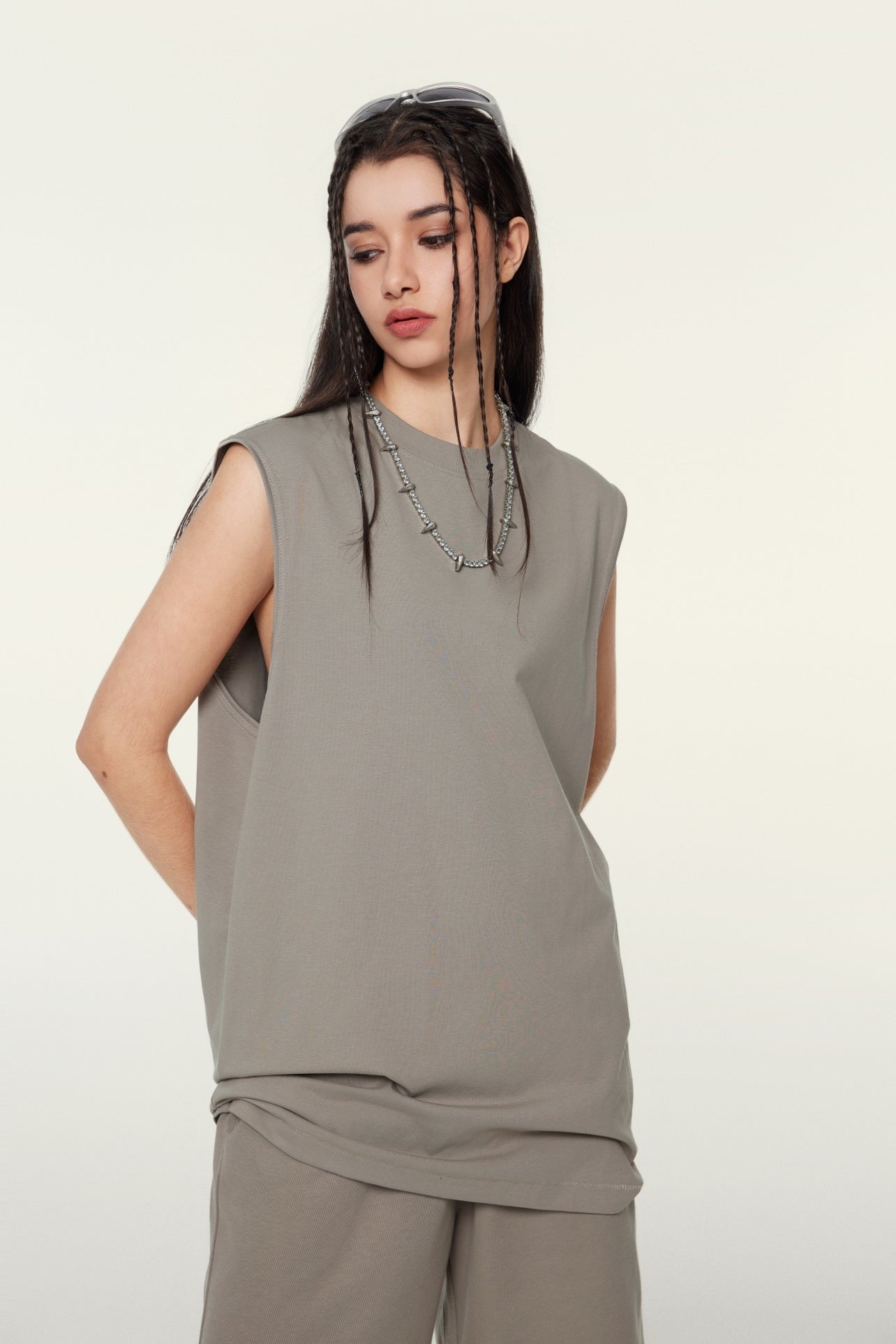 230GSM Women’s Cool-Touch Ice-Feel Solid Color Crew Neck Tank Top Taupe