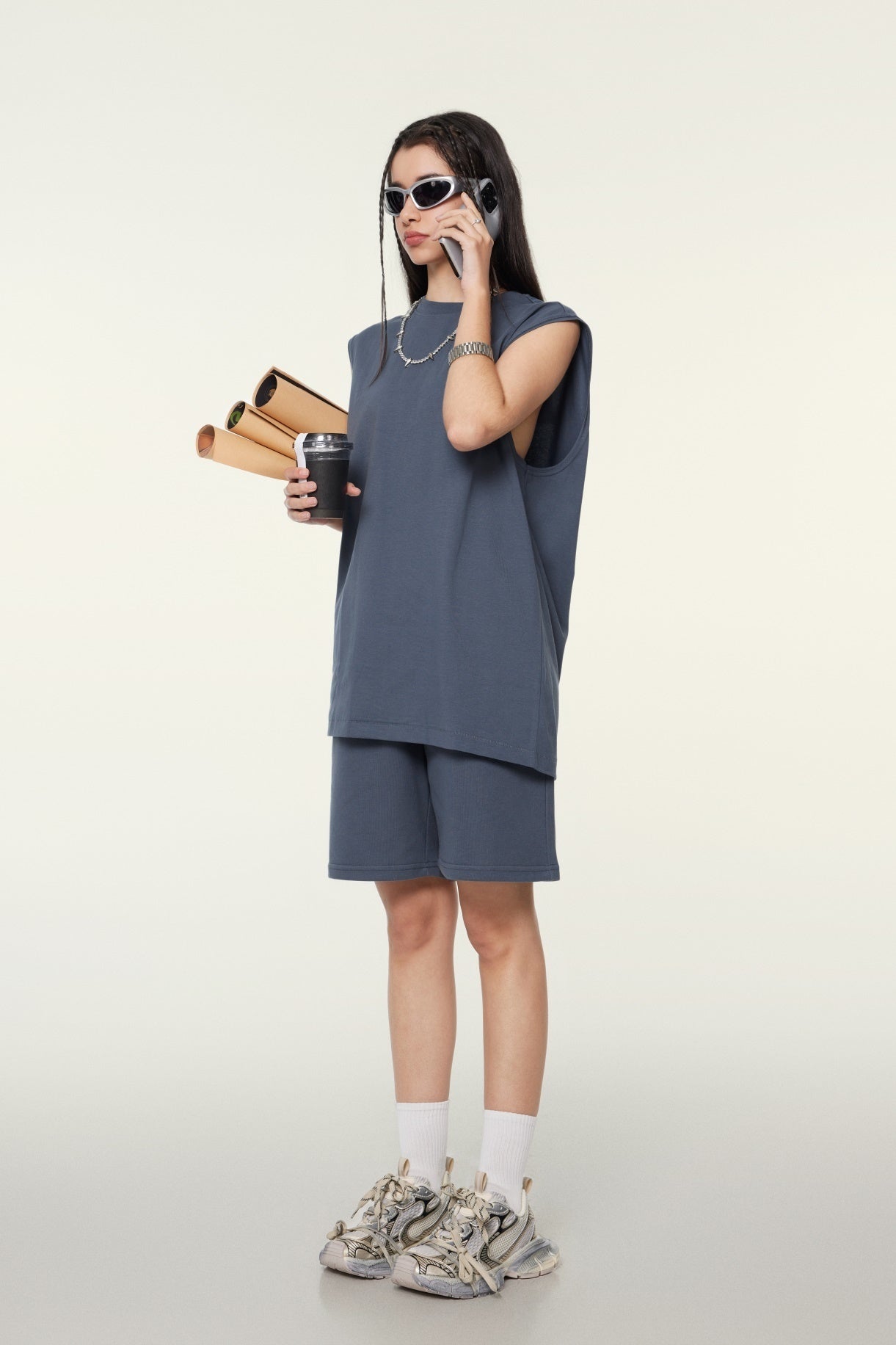 230GSM Women’s Cool-Touch Ice-Feel Solid Color Crew Neck Tank Top Dusty Blue