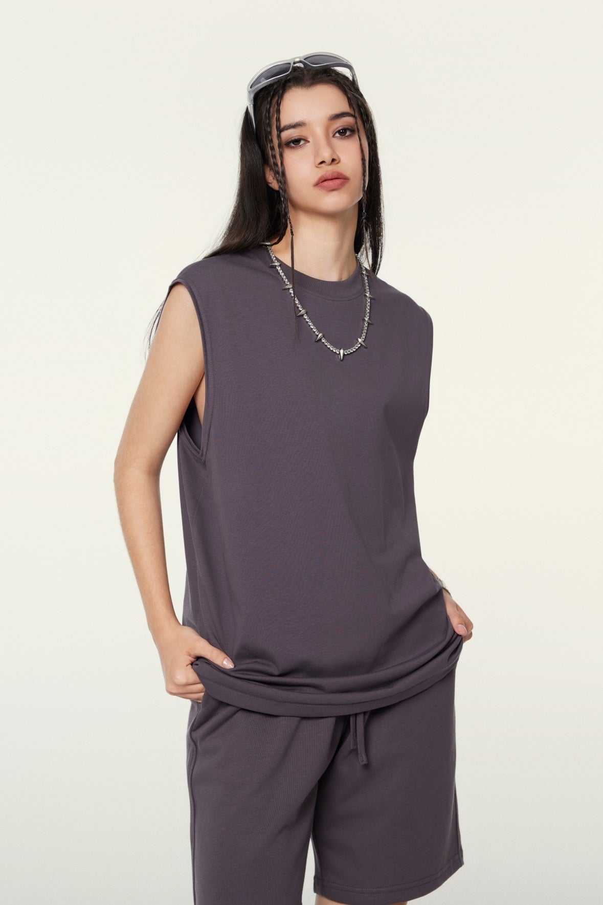 230GSM Women’s Cool-Touch Ice-Feel Solid Color Crew Neck Tank Top Plum