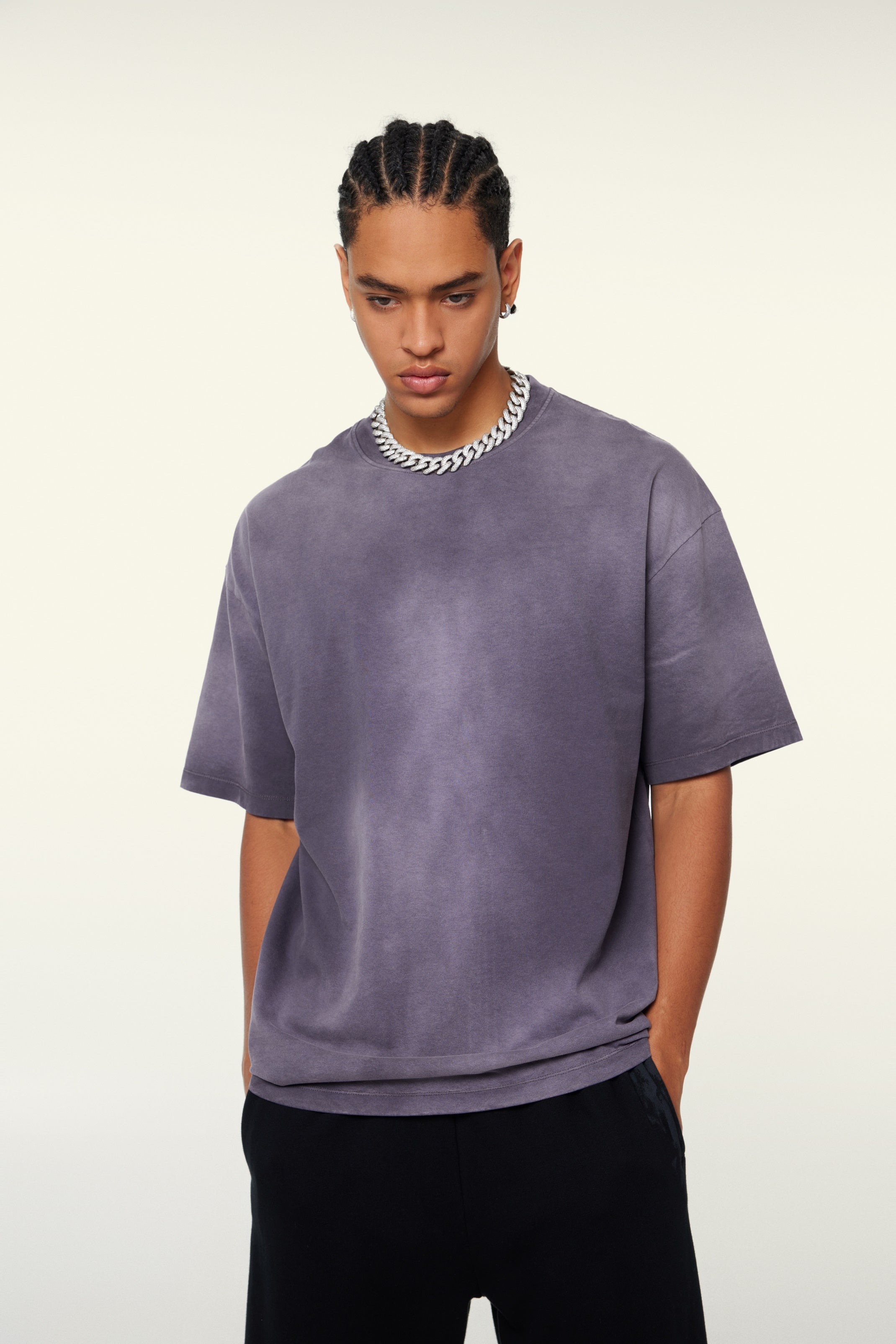 270GSM Women’s Water-Wash PP-Sprayed Monkey Wash Crew Neck T-shirt Purple