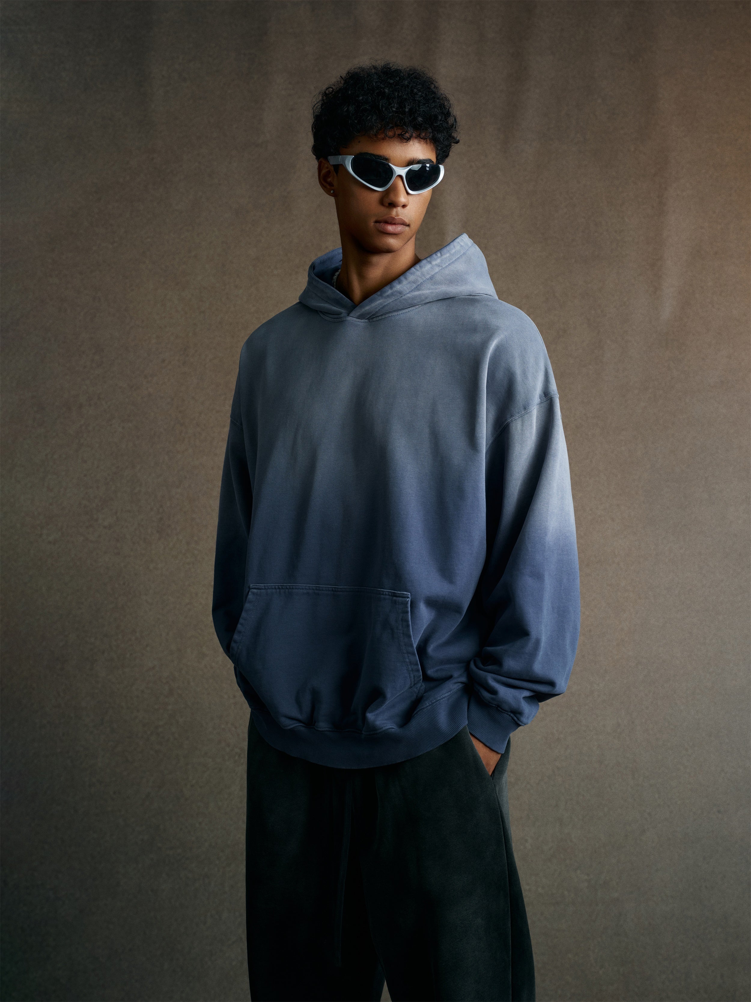 480GSM Unisex Monkey Wash Heavyweight French Terry Hoodie Vintage Blue