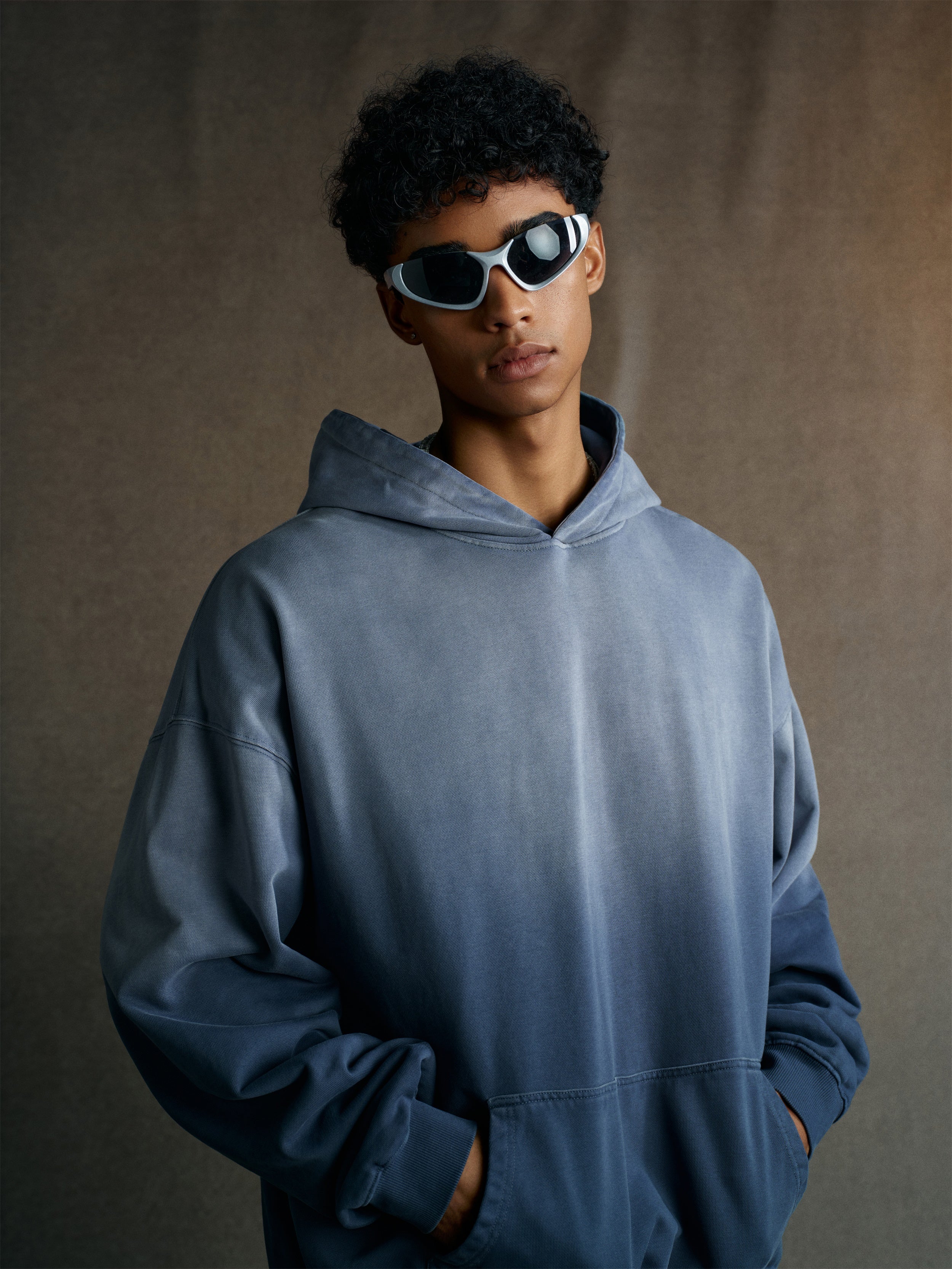 480GSM Unisex Monkey Wash Heavyweight French Terry Hoodie Vintage Blue