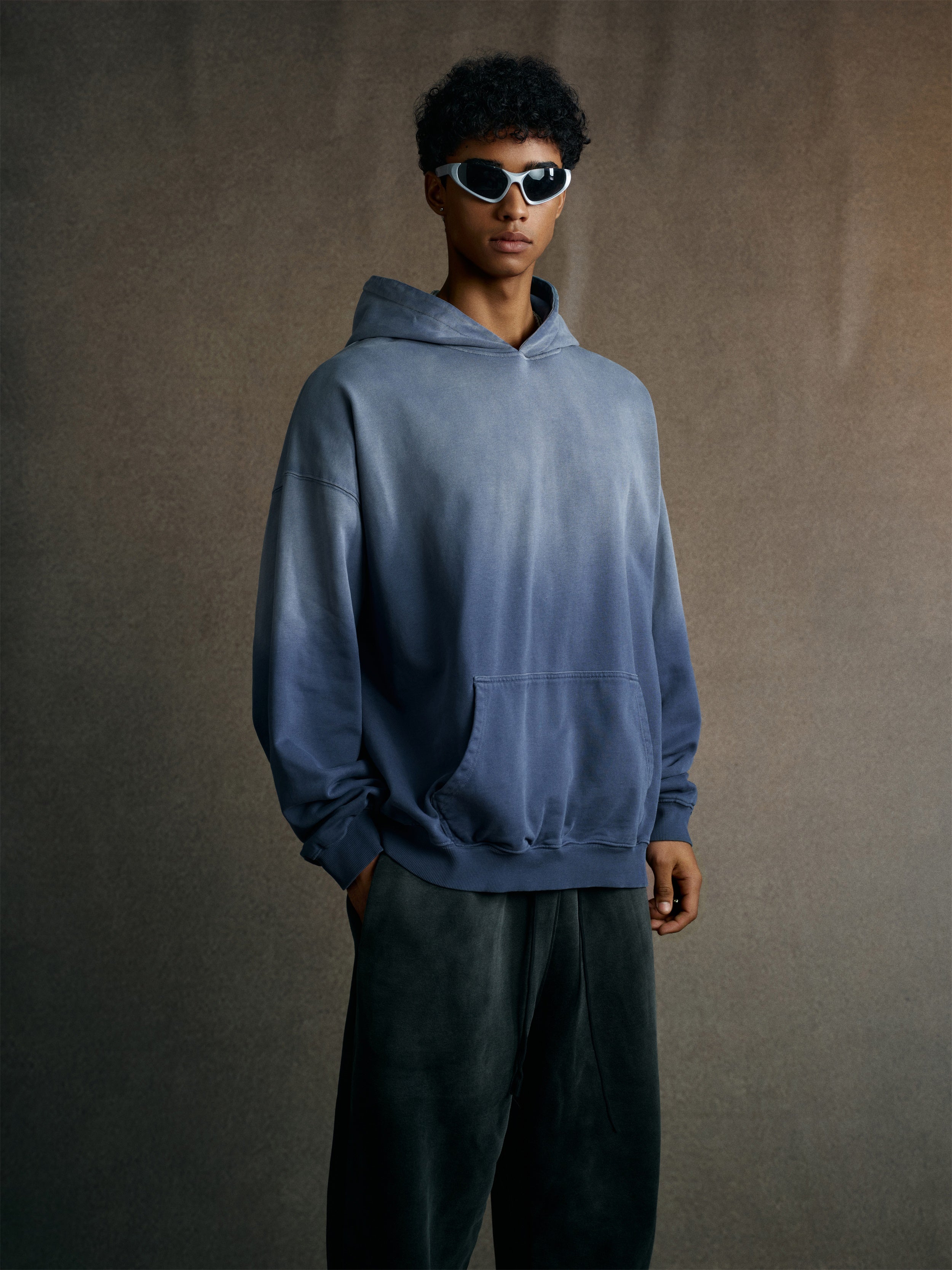 480GSM Unisex Monkey Wash Heavyweight French Terry Hoodie Vintage Blue